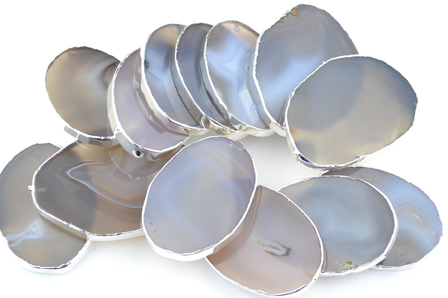 Natural White & Grey Agate Slice Place Cards with Silver Rim - 5 Pieces (2