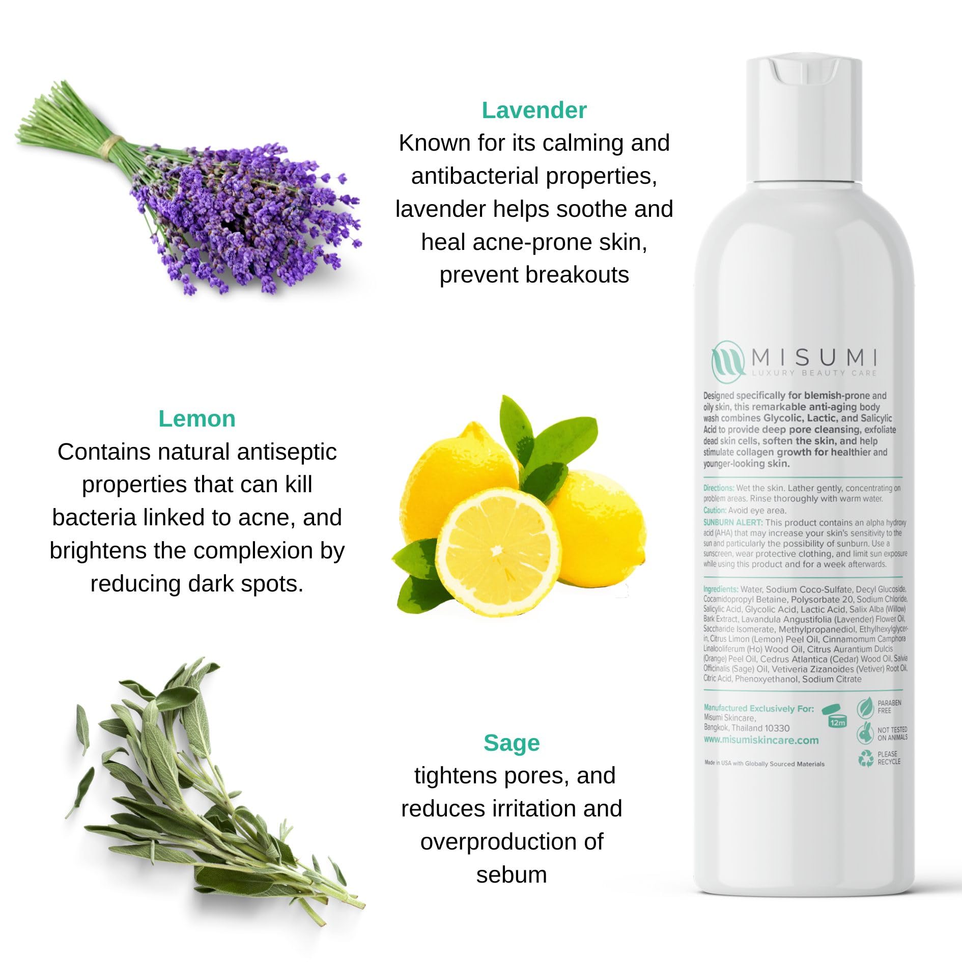 Misumi Acne Body Wash 120ml (4oz) - Salicylic Acid & Glycolic Acid AHA Exfoliating Wash for Keratosis Pilaris, Body & Back Acne Treatment - Gentle Formula for Men & Women - Perfect for Daily Shower & Post-Workout Skin Care