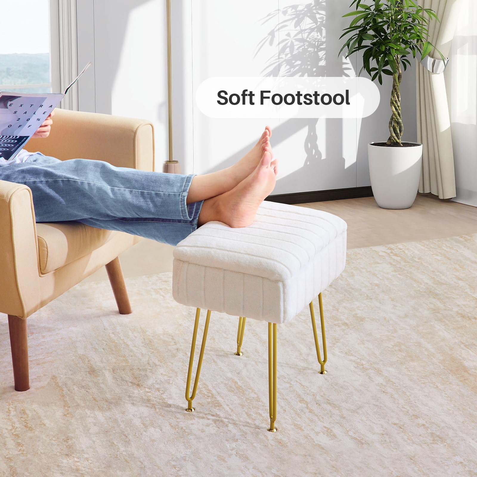Redlife Vanity Stool with Storage - Faux Fur Makeup Chair with Gold Metal Legs, Multifunctional Footrest Ottoman for Bedroom, Dressing Room & Beauty Salon (White) - Perfect for Makeup, Reading & Relaxing