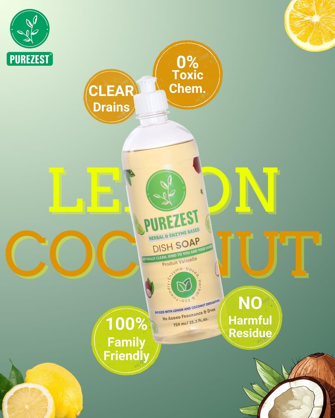 PUREZEST Herbal & Enzyme Based Dish Liquid 750ml | Plant-Based Natural Eco-Friendly Dishwashing Liquid with Lemon Oil | Tough Grease Remover | Gentle on Hands | Perfect for Kitchen, Camping & RV Use