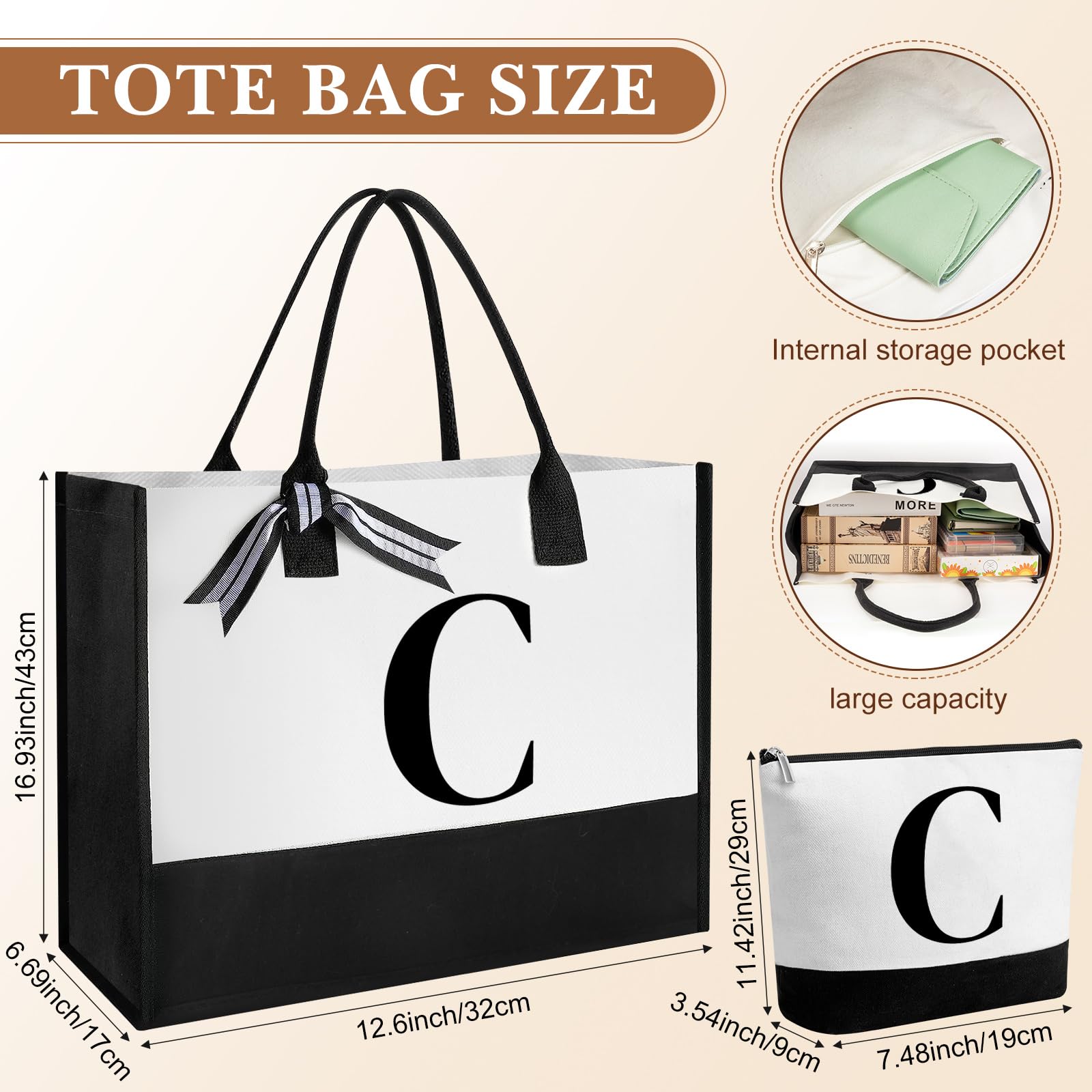 Personalized Monogram Canvas Tote Bag & Glass Coffee Cup Set - Custom Initial Gifts for Women, Bridesmaids, Birthday with Zipper Makeup Pouch - Perfect for Work, Travel, Coffee Dates & Special Occasions