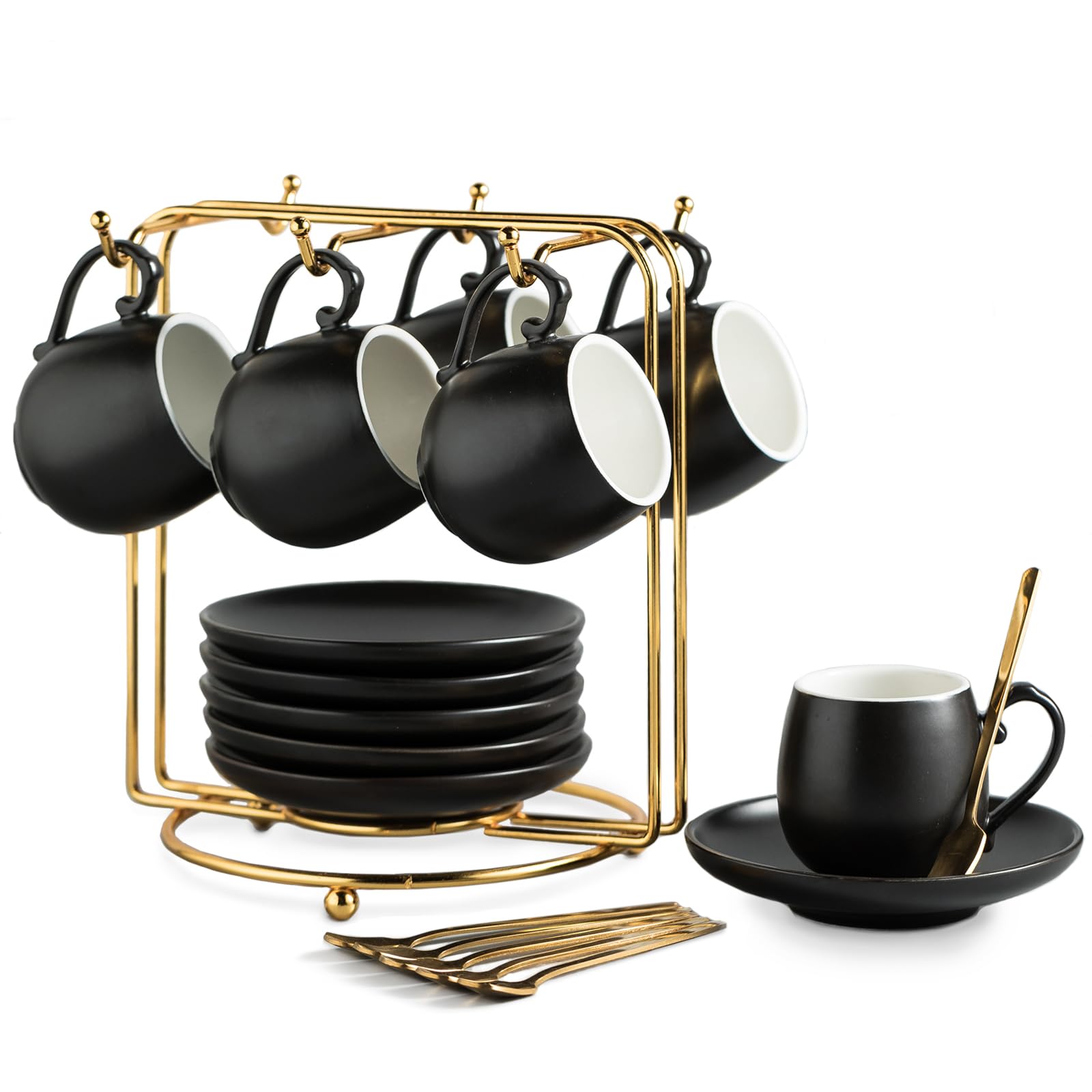 LYEOBOH 6-Piece Ceramic Espresso Cups and Saucers Set with Spoons & Metal Stand - 3oz Small Demitasse Coffee Mugs for Cappuccino, Latte, Tea - Perfect for Home Cafes, Coffee Shops & Gifts (Black)