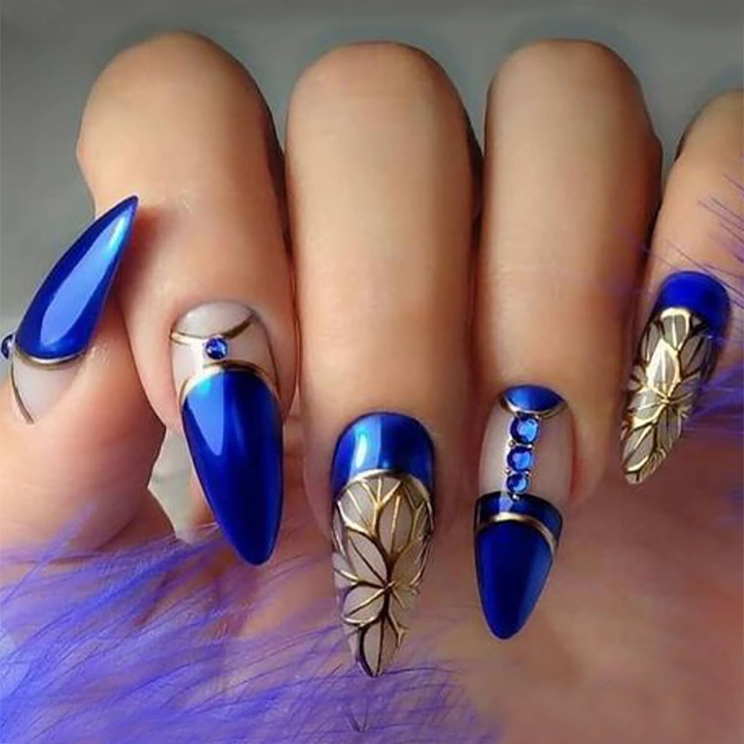 Blue Press on Nails with Rhinestones & Gold Foil - Medium Almond Shaped Acrylic Fake Nails Set | Glossy Coffin French Tip Artificial Nails with Glue | Perfect for Parties, Weddings & Special Occasions