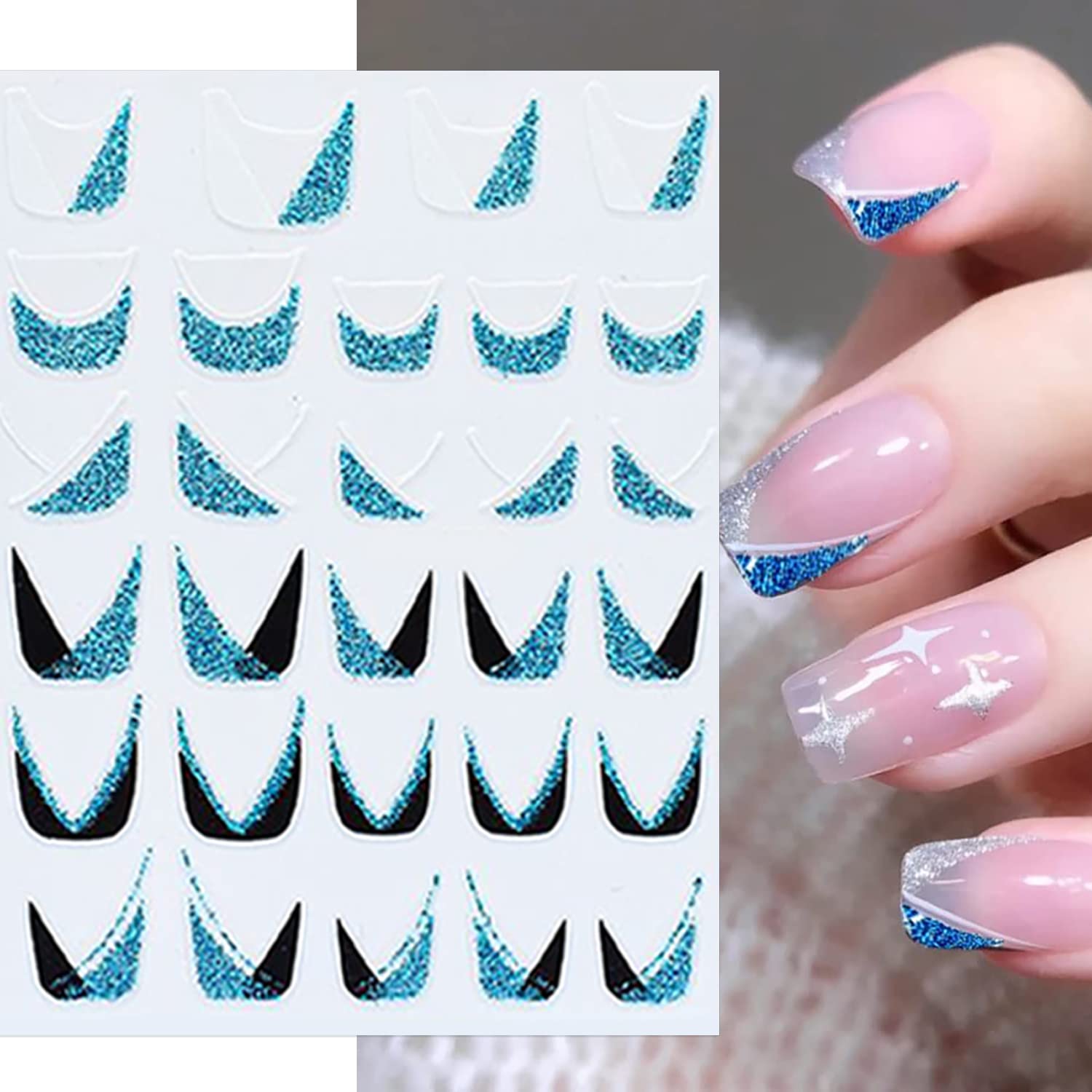 SILPECWEE 12 Sheets French Tip Nail Stickers - Glitter Nail Art Decals, Self-Adhesive 3D Nail Designs for French Manicure | Perfect for DIY Nail Art, Salon Use, Parties & Special Occasions