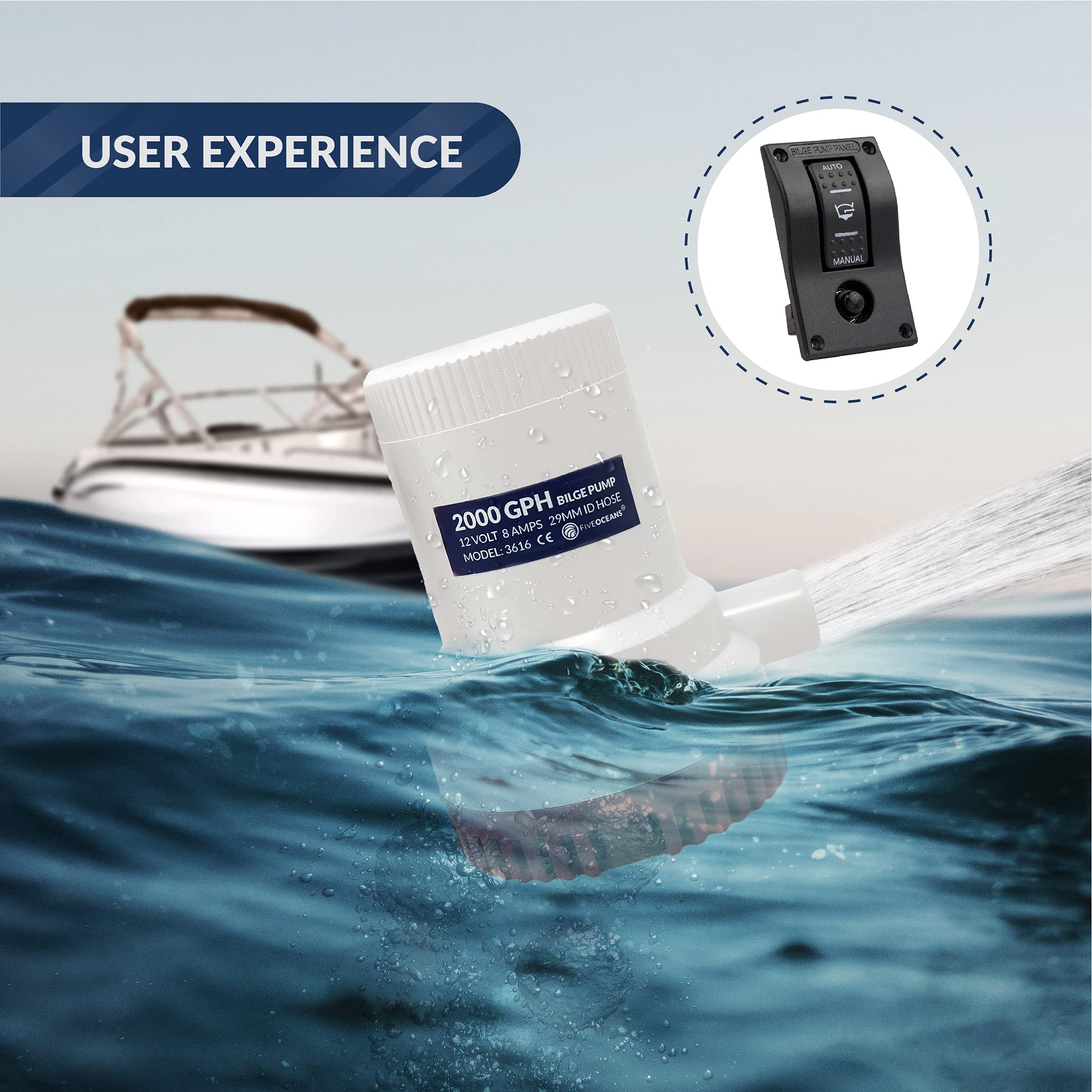 Five Oceans 3-Way Rocker Bilge Pump Switch 12V with LED Light Indicator & Circuit Breaker - FO3851 | Manual/Automatic Bilge Pump Control Panel Switch for Boats, Yachts & Marine Applications