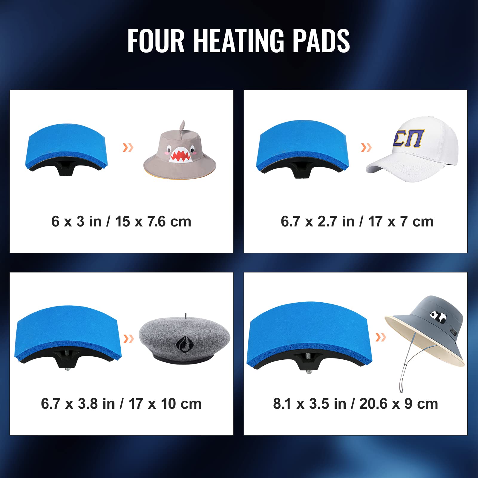 VEVOR 4-in-1 Hat Heat Press Machine with LCD Digital Control - 6x3inches Heating Platen for Sublimation Transfer on Hats & Caps - Includes 4 Replaceable Heating Pads (6x3/6.7x2.7/6.7x3.8/8.1x3.5) - Perfect for Custom Hat Printing, DIY Crafts & Small Business Apparel Decoration