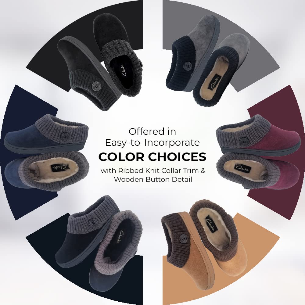 Clarks Women's Suede Leather Comfort Clog Knitted Collar Slippers with Plush Faux Fur Trim - Indoor & Outdoor House Shoes for Women - Black/Black Size 9M - Perfect for Home, Office, and Casual Wear