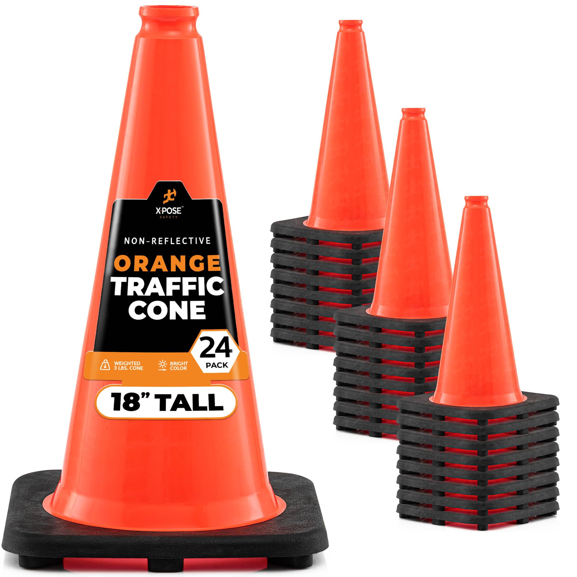18 Inch Orange Traffic Cones 24-Pack - Heavy Duty PVC Plastic Safety Cones for Parking, Construction, Sports & Road Safety - MUTCD Compliant Safety Equipment - Perfect for Traffic Control, Soccer Games, School Zones & Work Zones - Xpose Safety