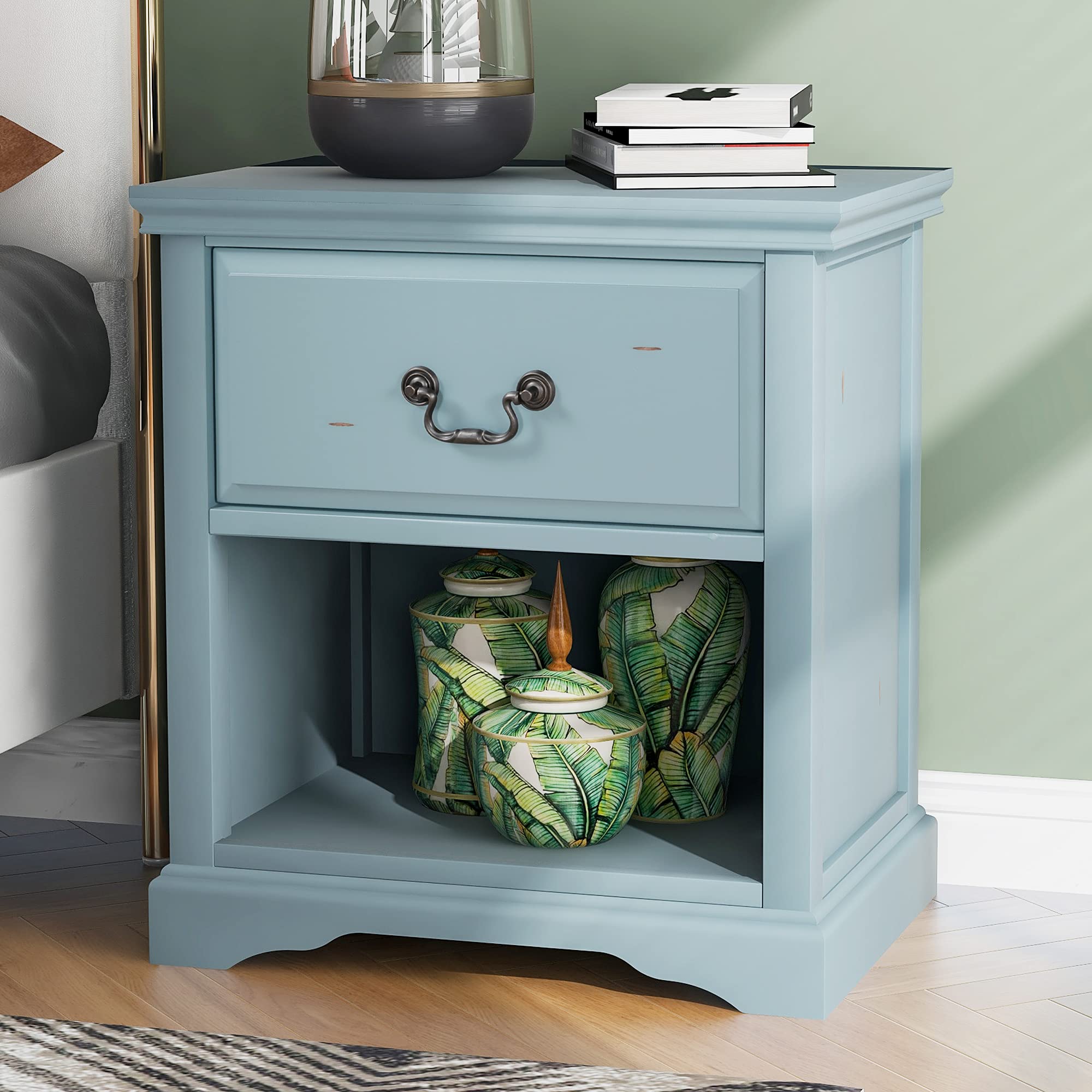 Solid Wood End Table Nightstand with Drawer & Shelf - Rustic Retro Storage Side Table for Living Room & Bedroom - Traditional Design Bedside Table for Small Spaces (Blue) - Perfect for Reading Nook, Guest Room & Apartment Decor