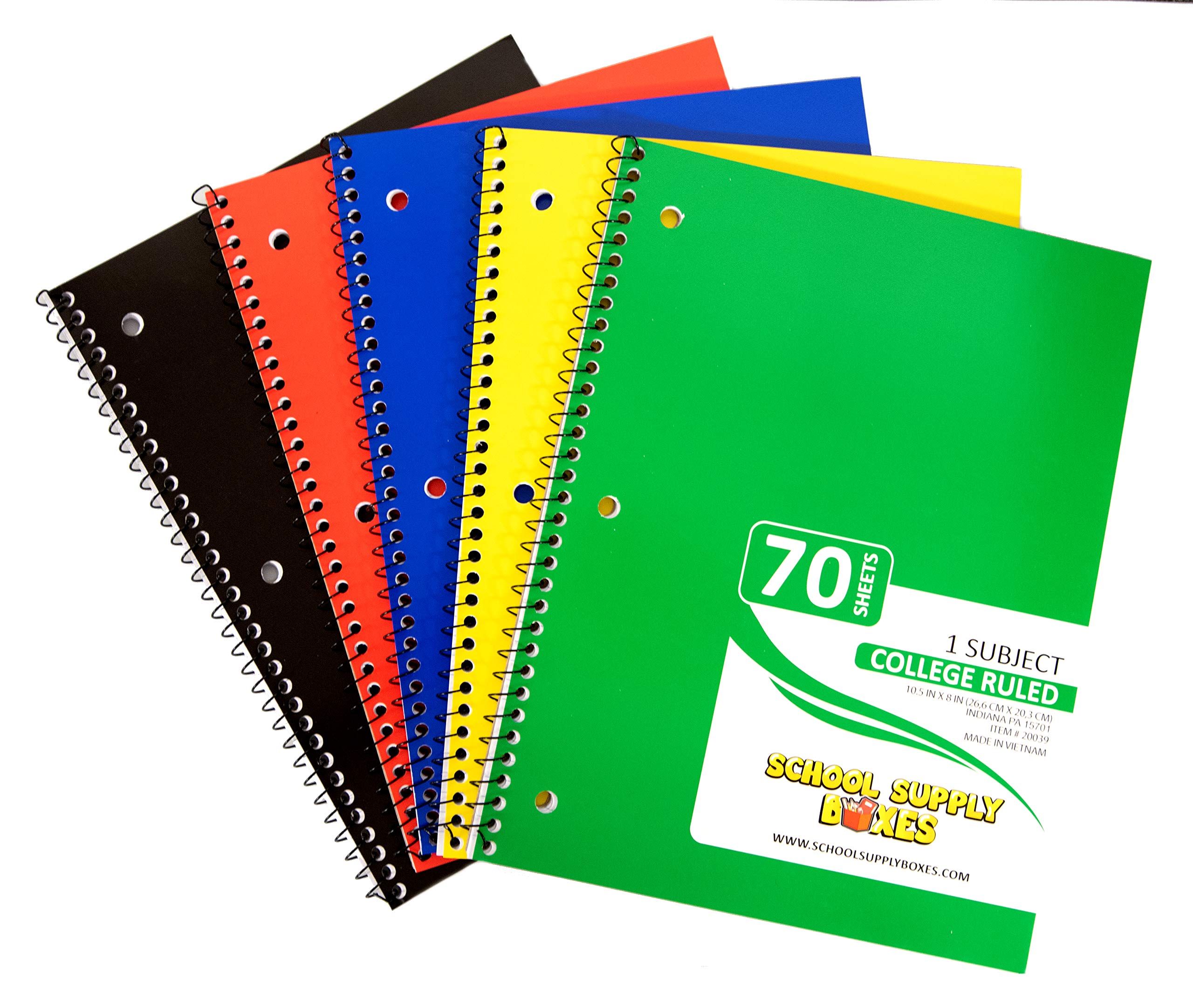 College Ruled Spiral Notebooks 5-Pack - Bulk School & Office Supplies for Students - Assorted Colors (Red, Green, Yellow, Blue, Black) - Perfect for Note Taking, Homework & Classroom Use