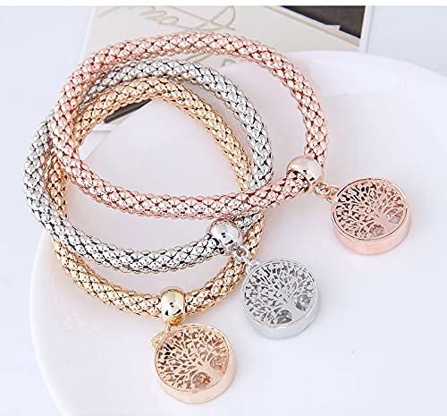 3PCS Gold Silver Rose Gold Corn Chain Bracelet Set - Tree of Life Heart Shaped Stretch Bracelet with Crystal Charms, Multi Layer Boho Bracelets for Women | Perfect for Parties, Gifts & Everyday Wear
