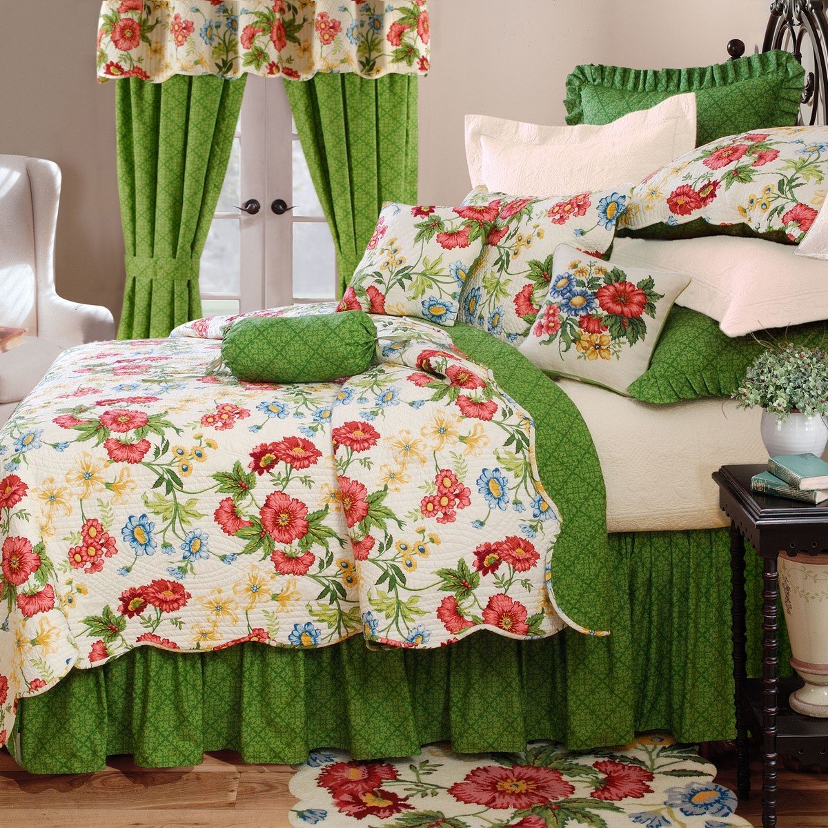 Reversible Twin 2-Piece Cotton Quilt Sham Set - Floral Botanical Print in Green & Pink | Machine Washable | Colonial Williamsburg Pembroke Collection | Perfect for Spring/Summer Bedroom Decor & Guest Room Styling