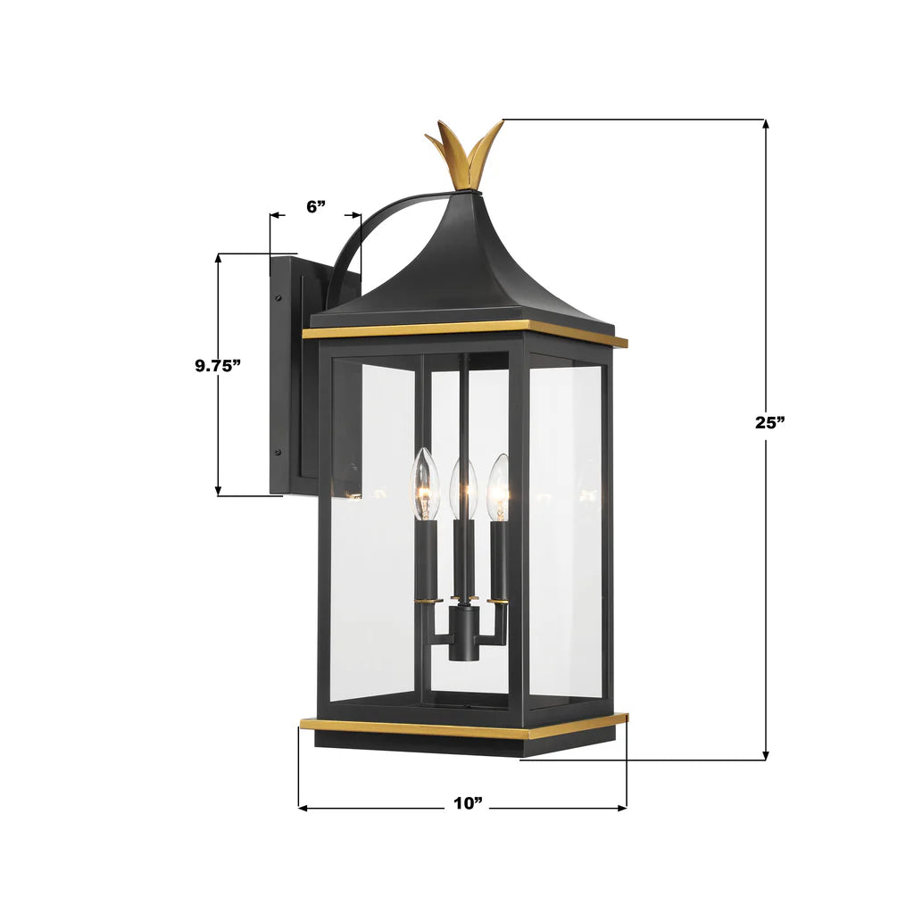 Simpson 3-Light Outdoor Wall Sconce - 10x25 Inch Stainless Steel & Glass Matte Black Fixture with Textured Gold Finish - 120V E12 Candelabra Base LED Compatible - Perfect for Patio Lighting, Garden Decor & Exterior Wall Illumination