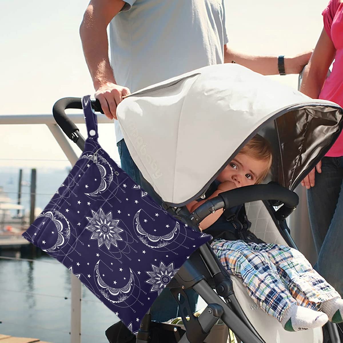 Visesunny Vintage Moonsun 2-Pack Waterproof Wet Bags with Zipper Pockets - Reusable Washable Diaper Bag for Travel, Beach, Daycare, Gym & Swimming - Perfect for Strollers, Dirty Clothes, Swimsuits & Toiletries Organization