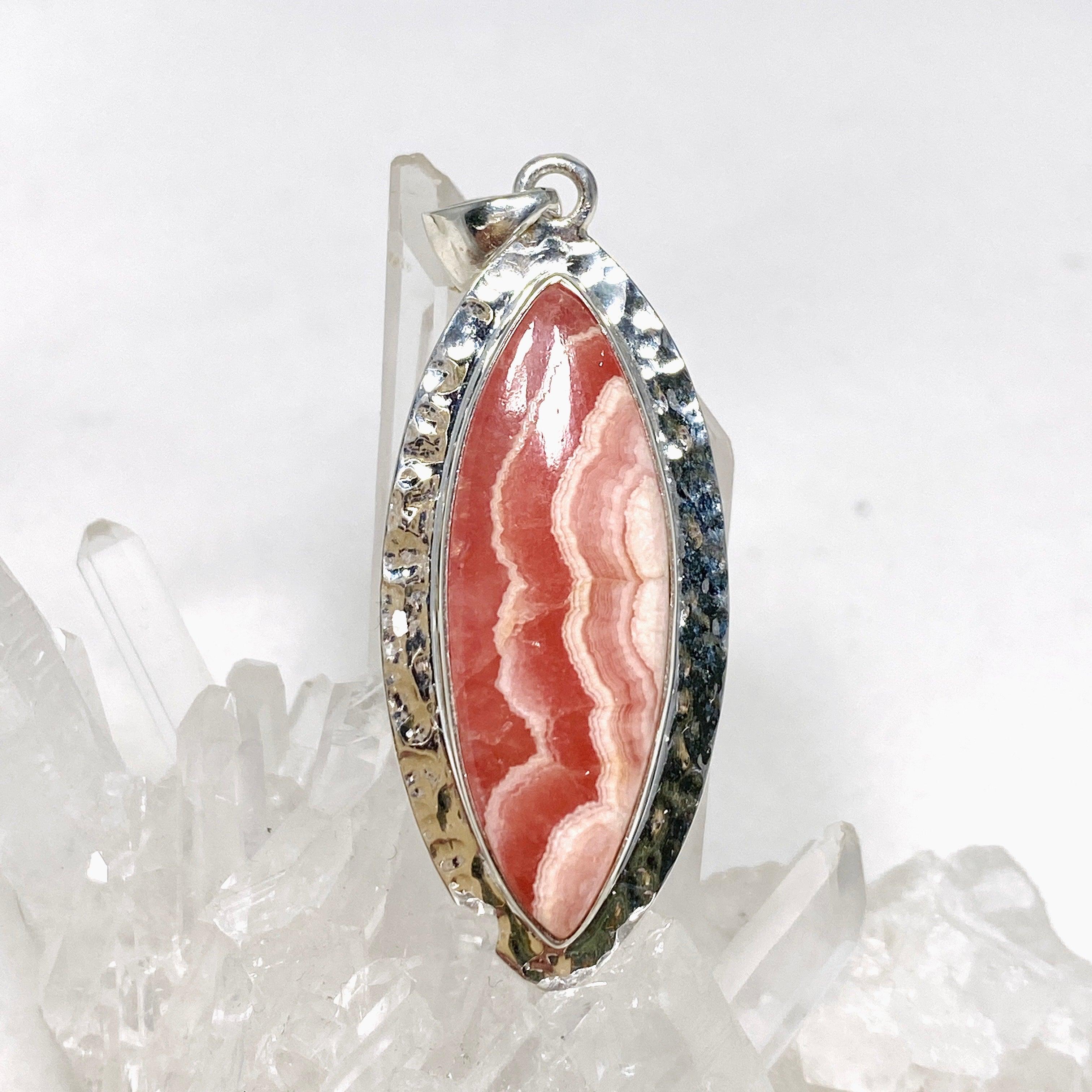 Rhodochrosite Marquise Pendant Necklace - Hammered Sterling Silver Setting KPGJ4331 | Elegant Jewelry Gift for Women, Perfect for Valentine's Day & Anniversary
