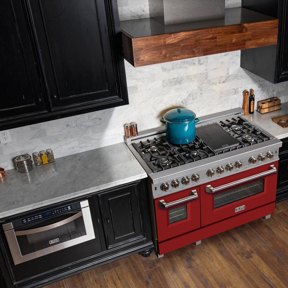 ZLINE 48-Inch 6.0 cu. ft. Dual Fuel Range with 7-Burner Gas Cooktop & 2 Electric Ovens - Satin Stainless Steel with Red Matte Doors (RAS RM 48) - Ideal for Professional Home Kitchens and Gourmet Cooking