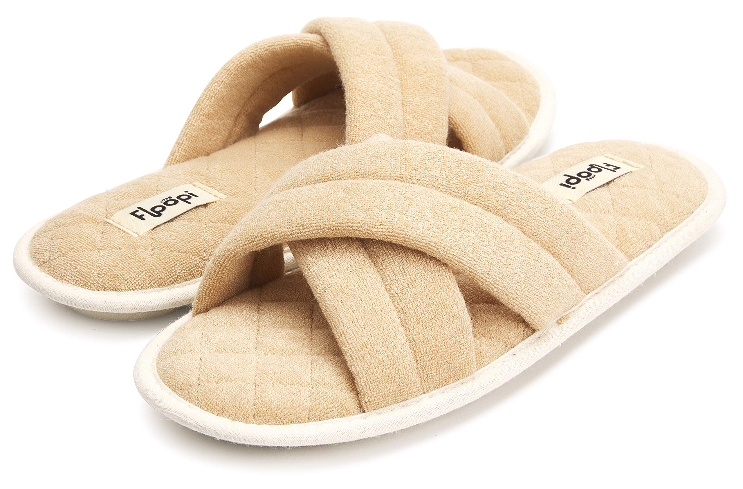Floopi Women's Soft Criss Cross Open Toe Slippers - Quilted Terry Stitch Memory Foam Insole, Anti-Skid Rubber Outsole - Comfortable Summer House Shoes for Indoor/Outdoor Wear