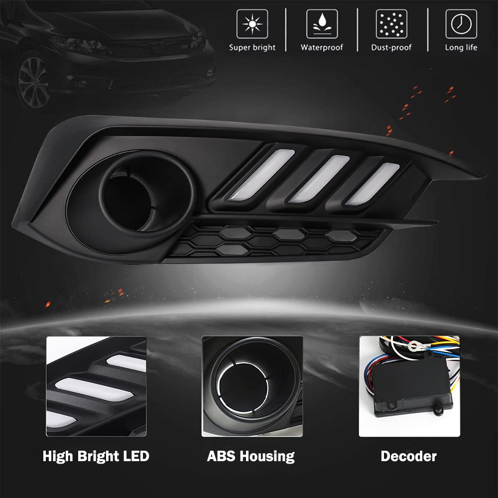 2016-2018 Honda Civic LED Fog Lights with Amber Turn Signal - DRL Daylight Running Lamps Replacement Kit with Bezel (HDCV16) | Perfect for Night Driving & Enhanced Visibility
