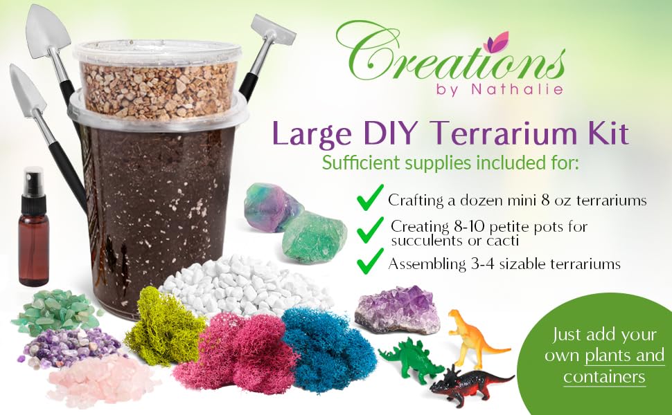 DIY Large Terrarium Starter Kit with Soil, Moss, Pebbles, Healing Crystal, Tools & Supplies – Handcrafted in USA Terrarium Kit for Adults & Kids – Perfect for Home Decor, Gifts, and Indoor Gardening Projects