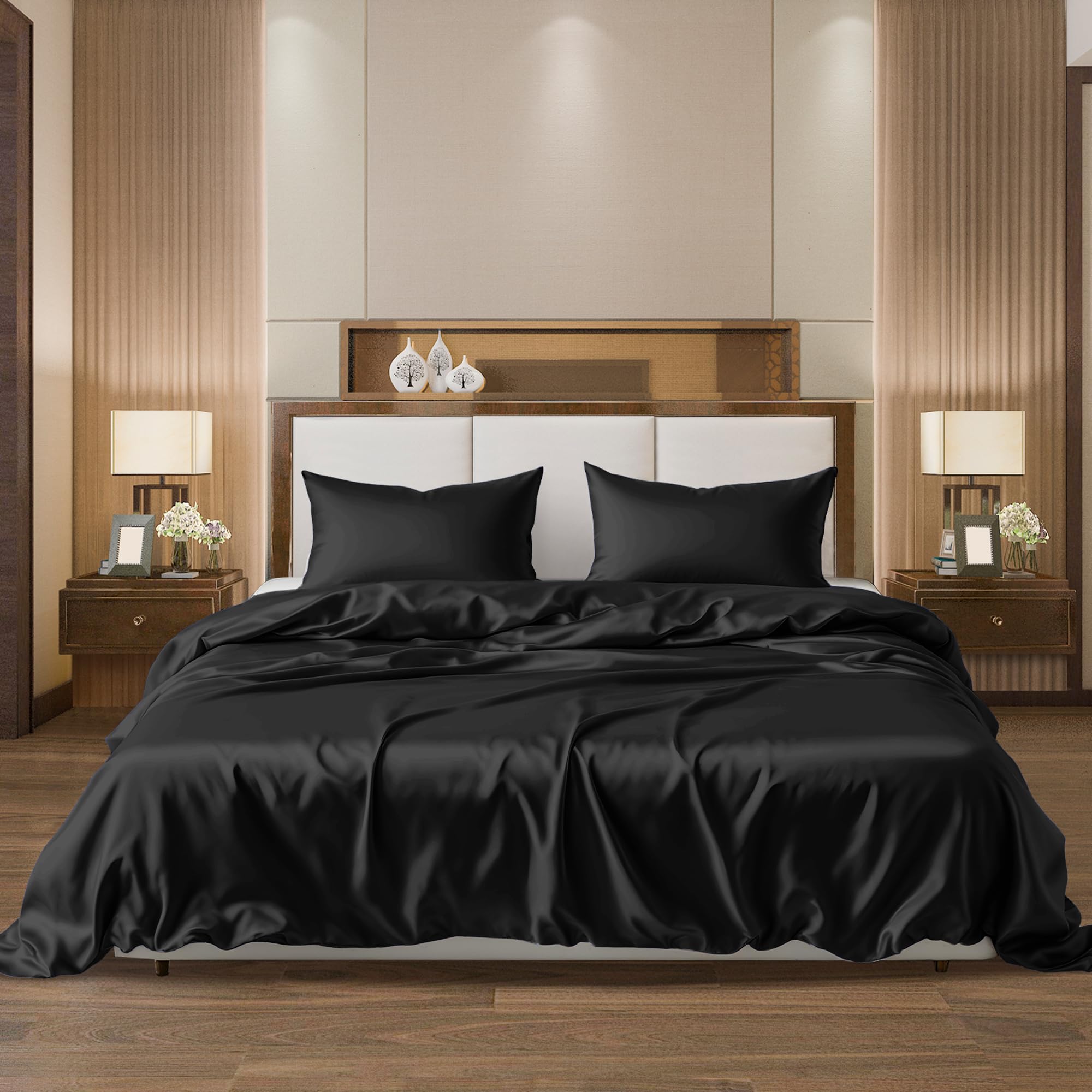 Premium AL AHMEDANI LINEN Black Satin Sheets Queen Size - 4-Piece Luxury Silk Bedding Set with Deep Pockets (1 Fitted Sheet, 1 Flat Sheet, 2 Pillowcases) - Ultra Soft, Breathable & Wrinkle-Resistant - Perfect for Master Bedrooms, Guest Rooms & Luxury Hotels