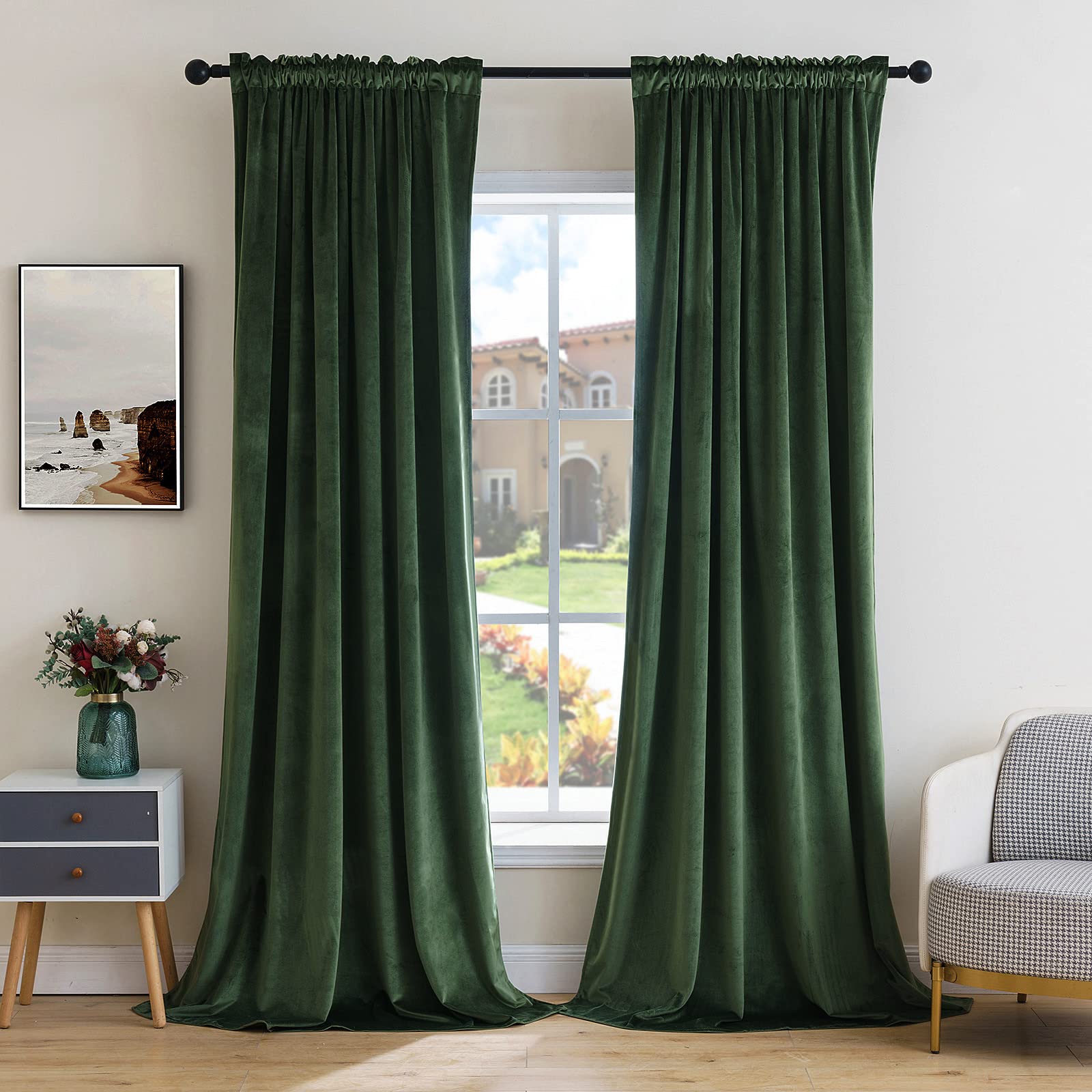 MIULEE Olive Green Velvet Thermal Insulated Blackout Curtains - 108 Inch Long Rod Pocket Drapes for Bedroom & Living Room (Set of 2) - Perfect for Light Blocking, Energy Saving & Home Decor