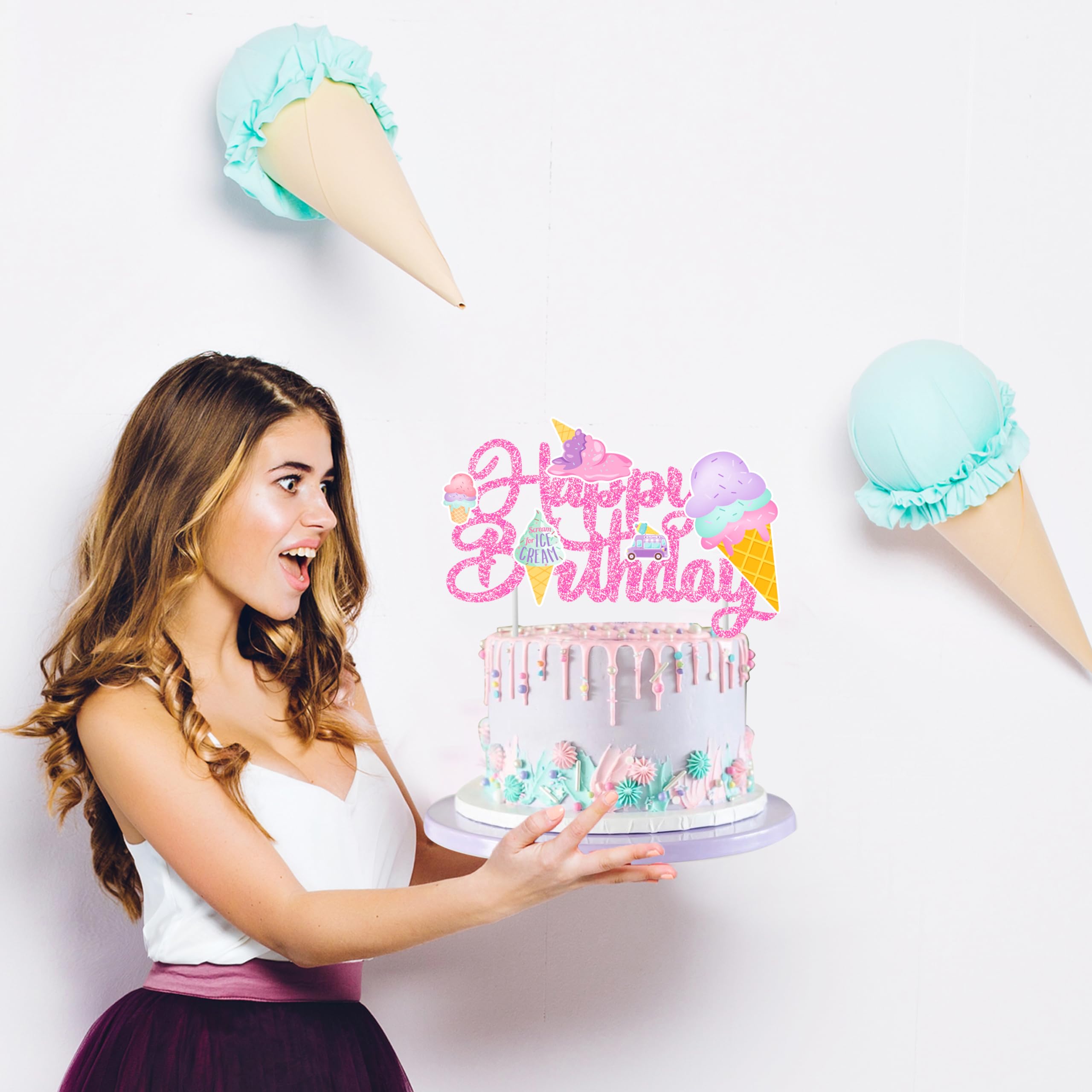 Pink Glitter Ice Cream Cake Topper - Happy Birthday Party Decorations for Kids, Boys & Girls | Ice Cream Themed Birthday Cake Decor & Summer Party Supplies | Perfect for Birthday Cakes, Cupcakes & Ice Cream Themed Parties