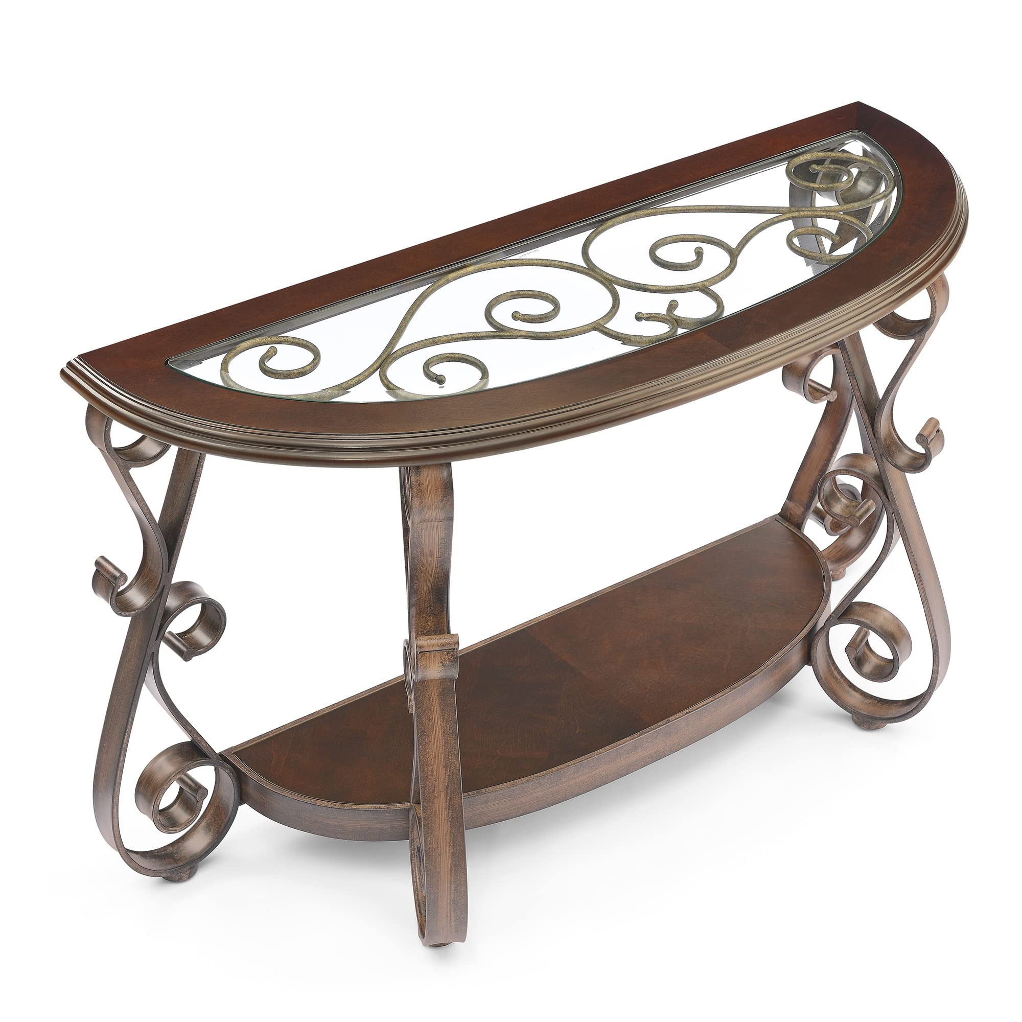 Yoluckea Vintage Brown Half Moon Console Table with Tempered Glass Top & Scrollwork Metal Legs - Elegant Semi-Circle Entryway Sofa Table for Living Room, Hallway, or Foyer Decor