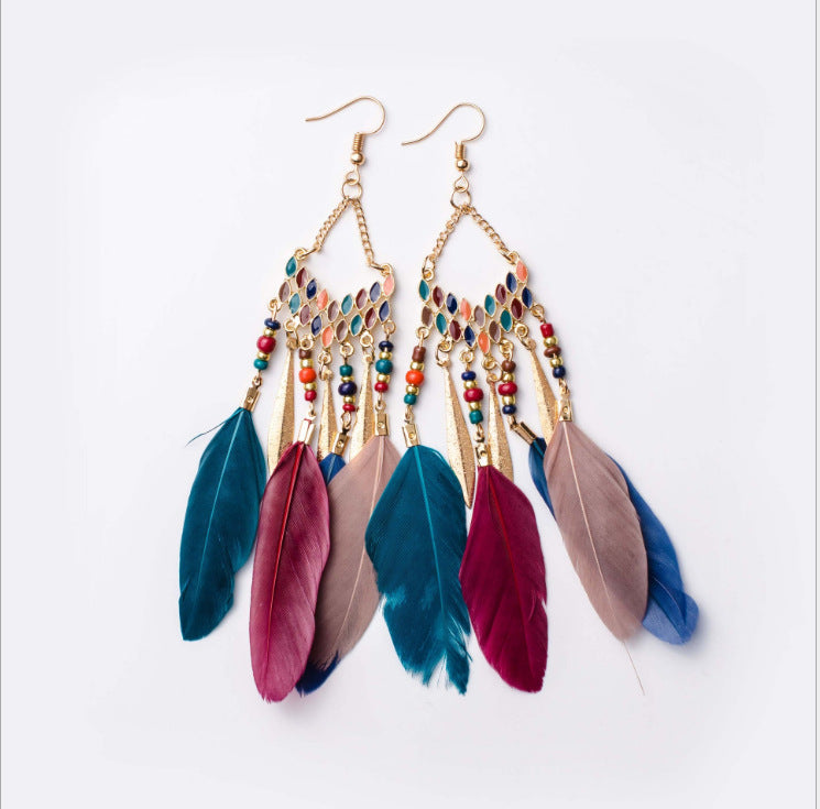 Vintage Bohemian Feather Earrings with Chain Tassel - Handmade Boho Jewelry for Women, Perfect for Festivals, Parties, and Casual Wear