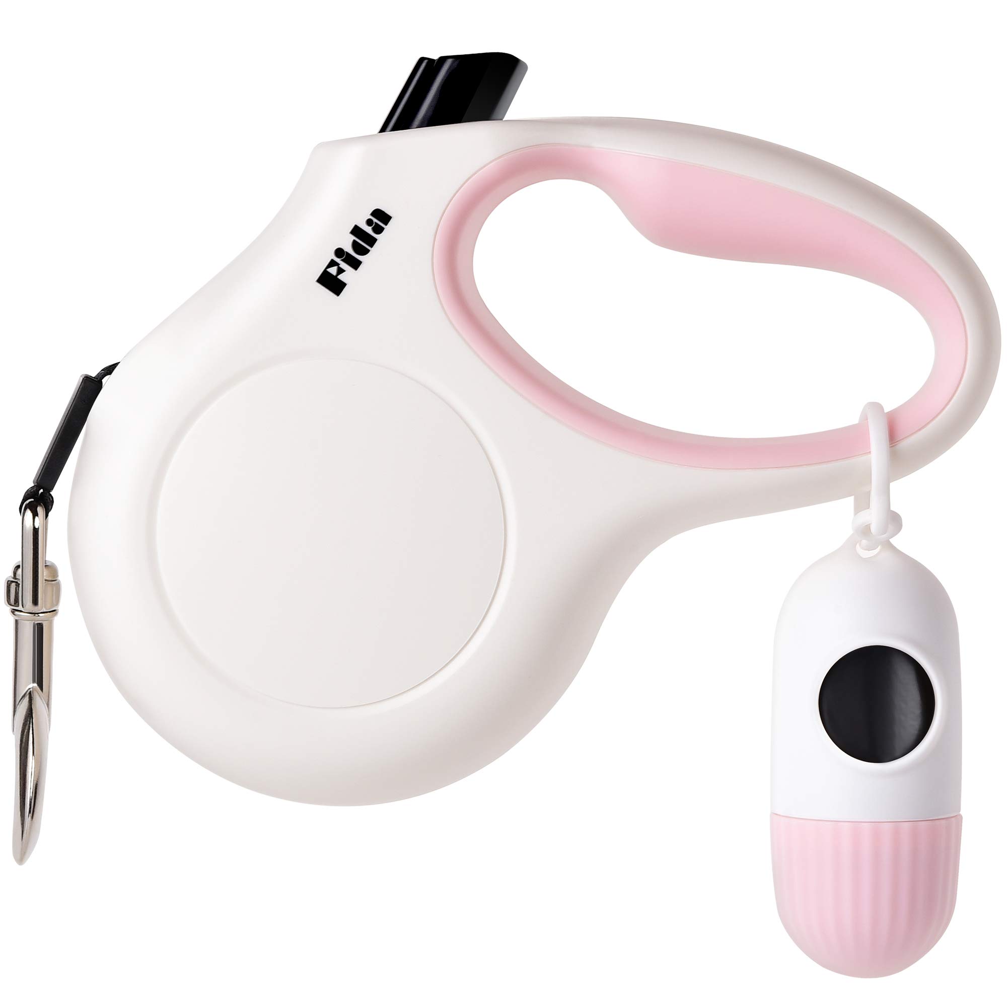 Fida 16ft Retractable Dog Leash with Poop Bag Dispenser - Heavy Duty Pet Walking Leash for Large Dogs up to 110 lbs - Anti-Slip Handle & Tangle-Free Reflective Nylon Tape - Perfect for Park Walks, Hiking & Nighttime Safety (Large, White)