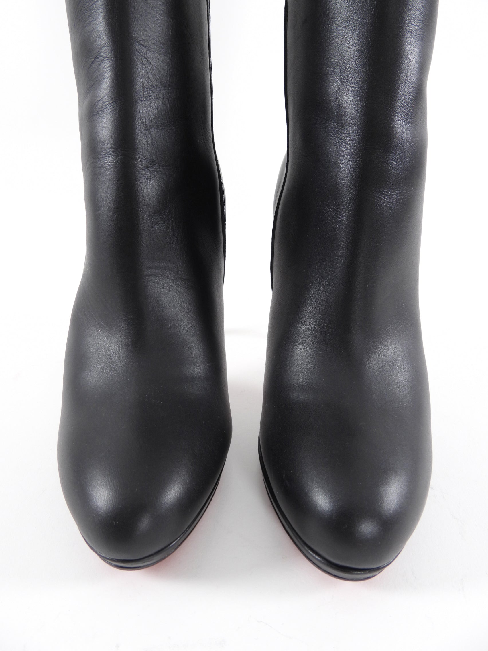 Christian Louboutin Women's Black Leather Knee-High Heeled Boots Size 41 (US 10) - Perfect for Evening Parties & Formal Occasions