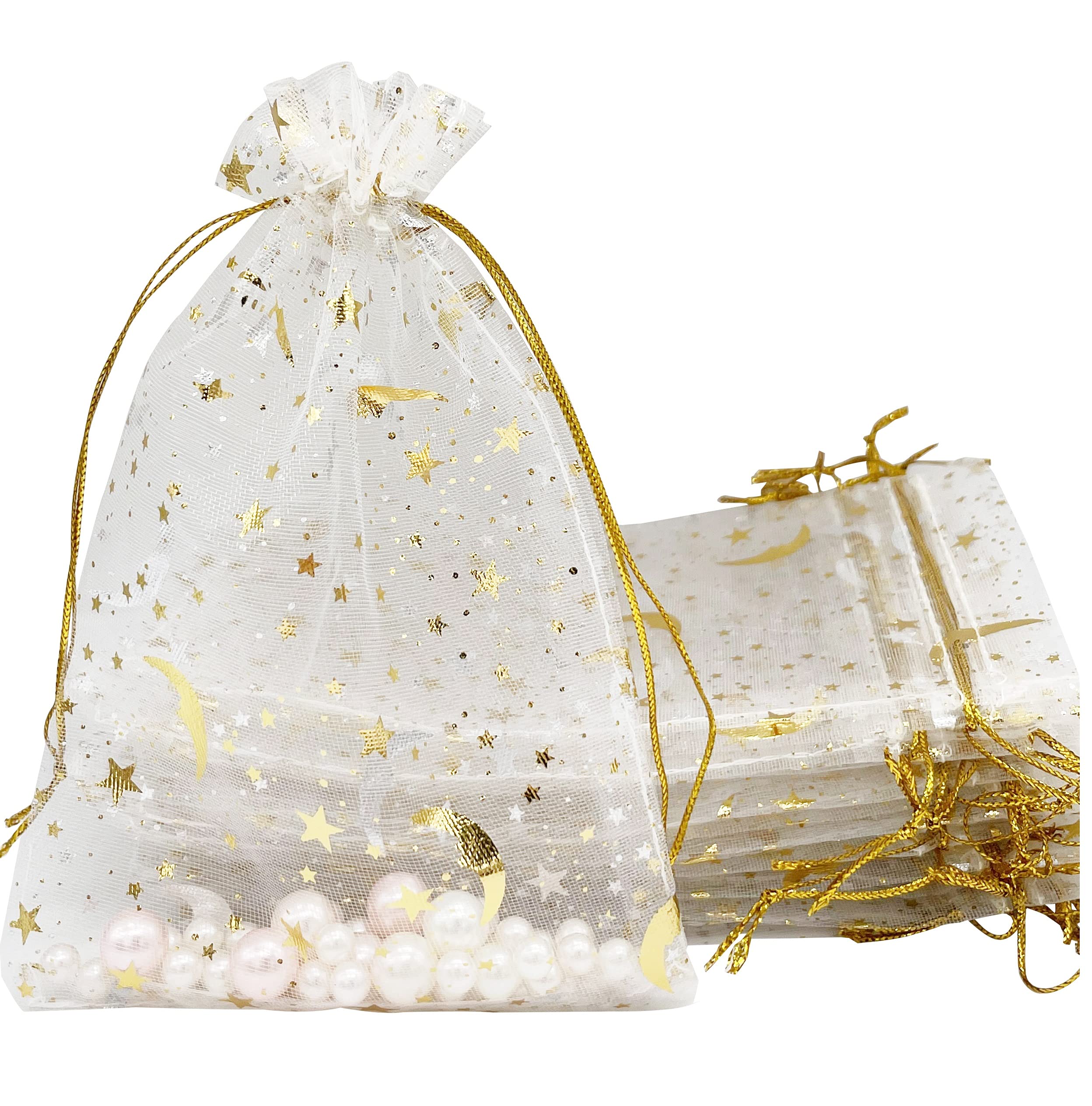 100PCS 4x6 Inch White Organza Drawstring Bags - Small Mesh Jewelry Gift Pouches with Moon & Star Design for Wedding Favors, Party Gifts, Candy Packaging & DIY Crafts (White) - Perfect for Bridal Showers, Baby Showers, Birthday Parties & Special Events