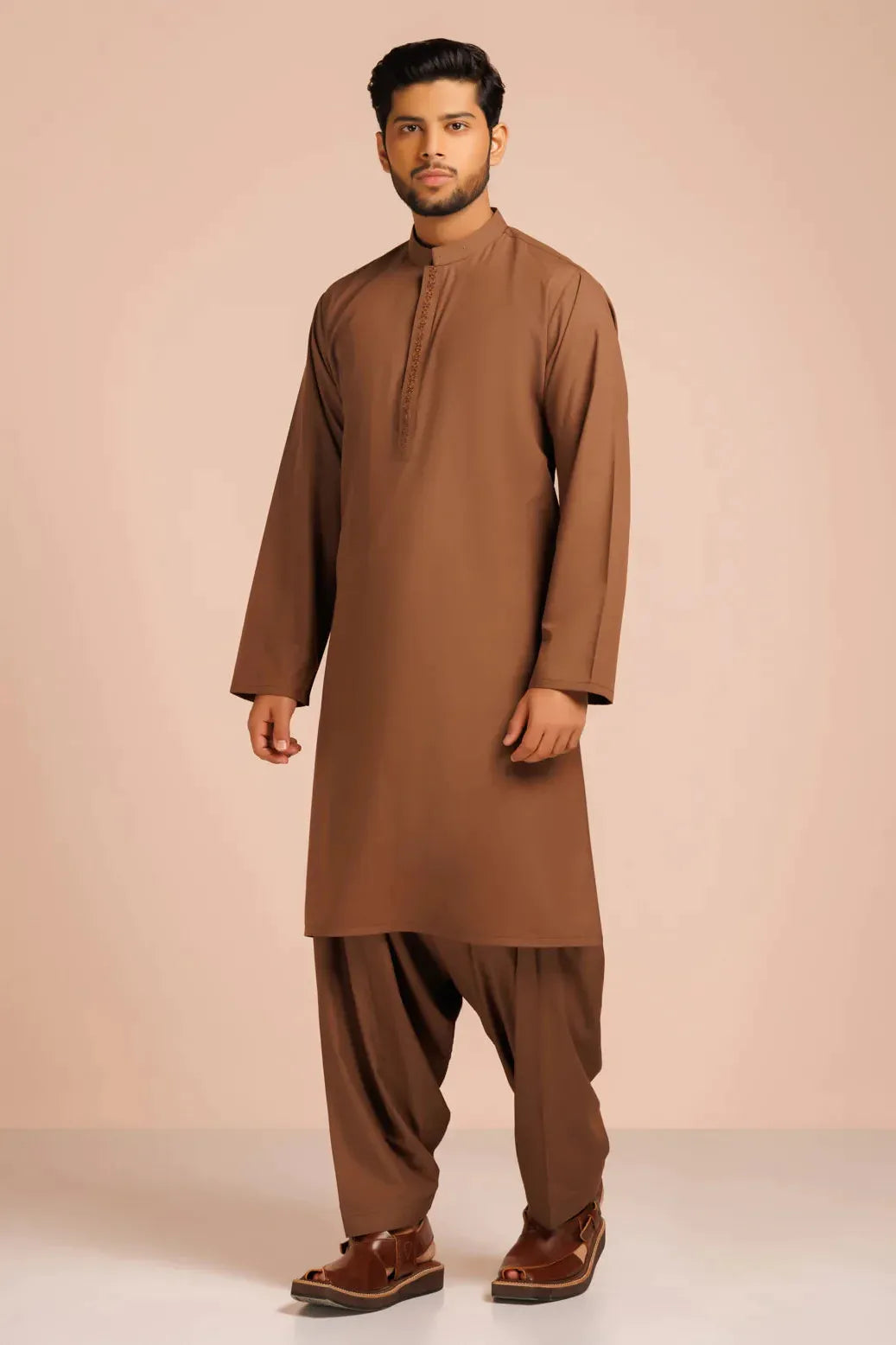 Stylish Blended Brown Kurta Shalwar Set for Men - Traditional Pakistani Outfit for Eid, Wedding & Casual Wear