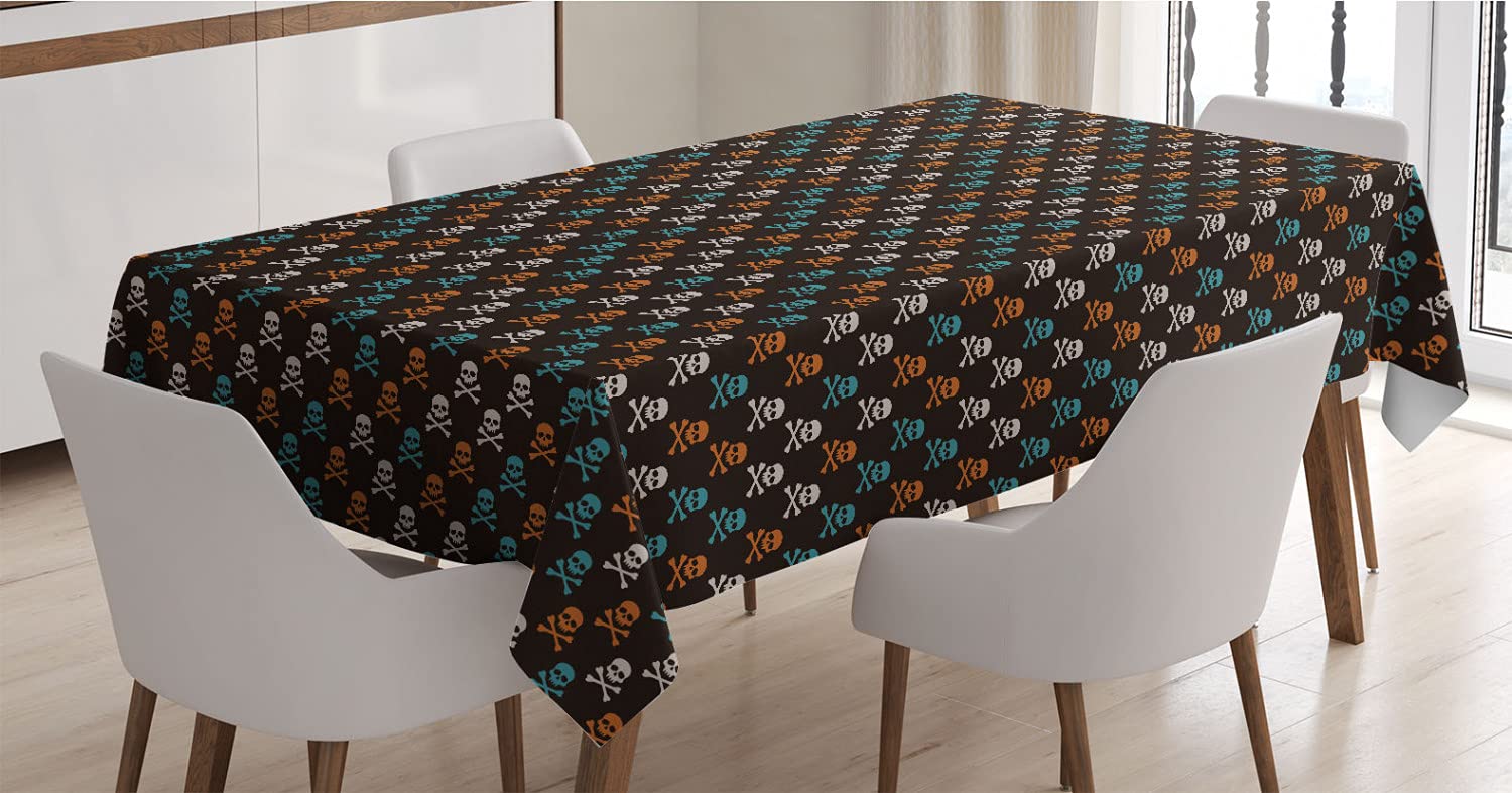 Ambesonne Halloween Pirates Tablecloth - Black Background with Multicolor Skull & Bones Design, 60