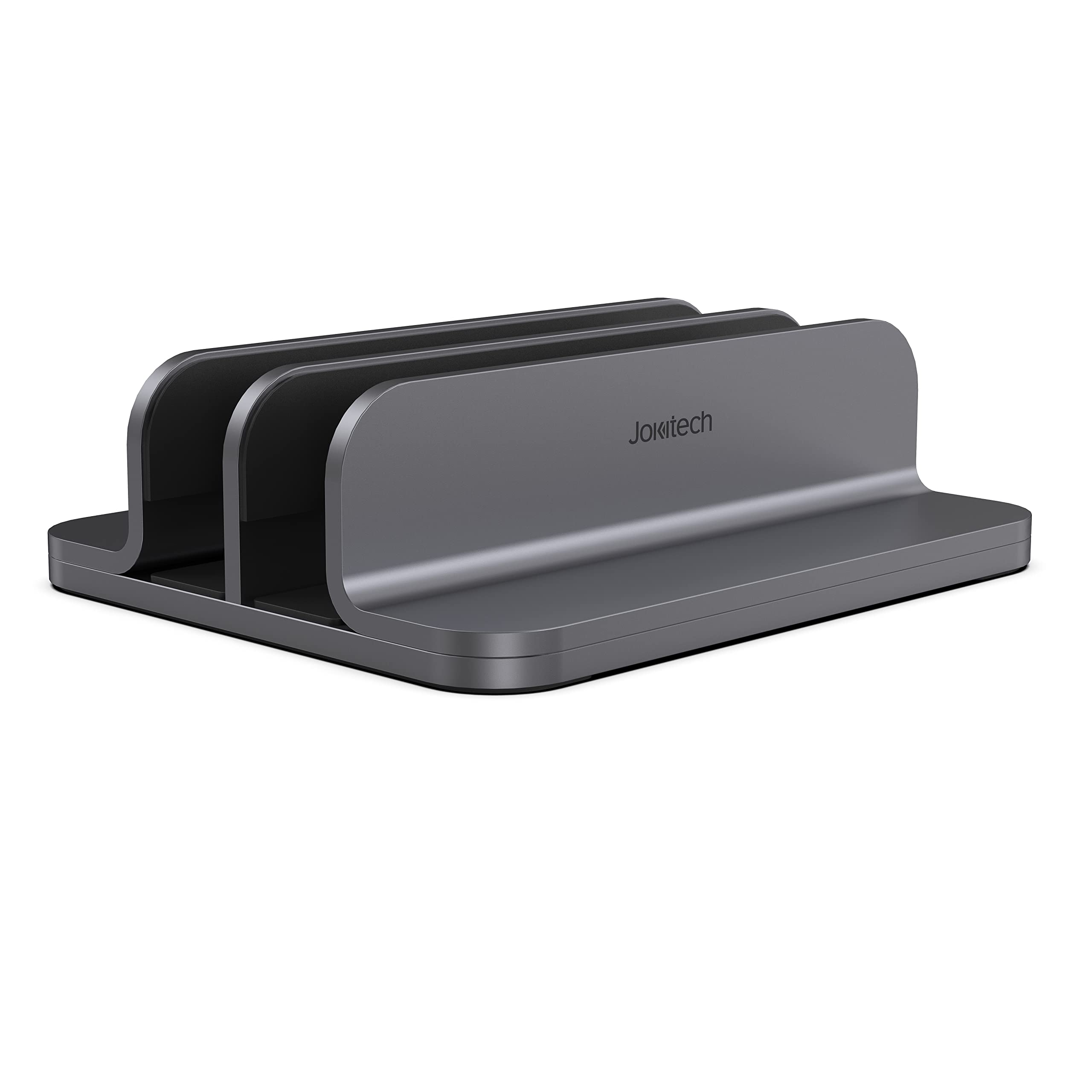Dual Aluminum Vertical Laptop Stand Organizer - Sturdy Notebook Computer Holder for MacBook Air/Pro, Mac Mini, iPad Pro & Apple TV (Space Gray) | Perfect for Home Office, Desk Organization & Space Saving