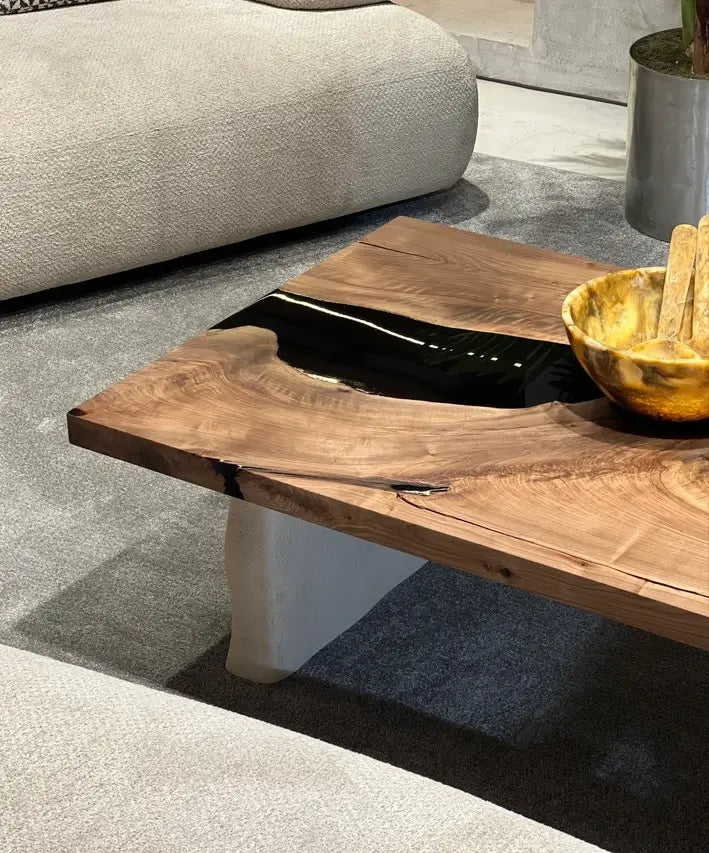 Epoxy Resin Walnut Coffee Table with Stone-Look Legs - Modern Living Room Centerpiece for Home Decor
