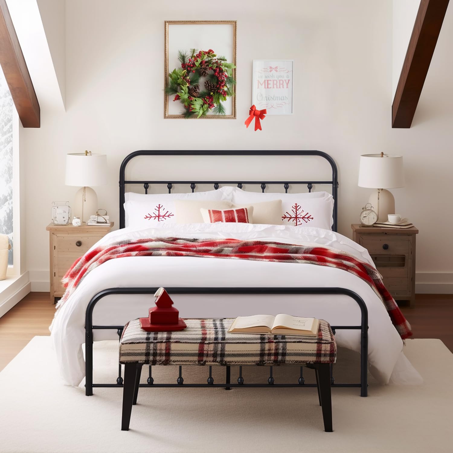 VECELO Queen Size Metal Bed Frame with Headboard & Footboard - Sturdy Steel Slat Support, No Box Spring Needed - Perfect for Modern Bedrooms, Guest Rooms & Dormitories