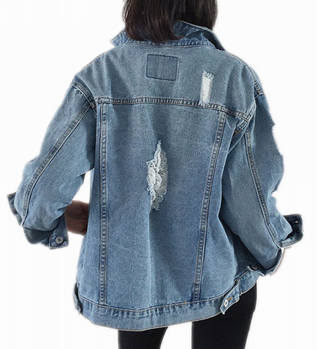 Women's Oversized Distressed Denim Jacket - Long Sleeve Boyfriend Style Loose Fit Jean Coat | Perfect for Casual Outfits, Streetwear & Layering in Fall/Winter