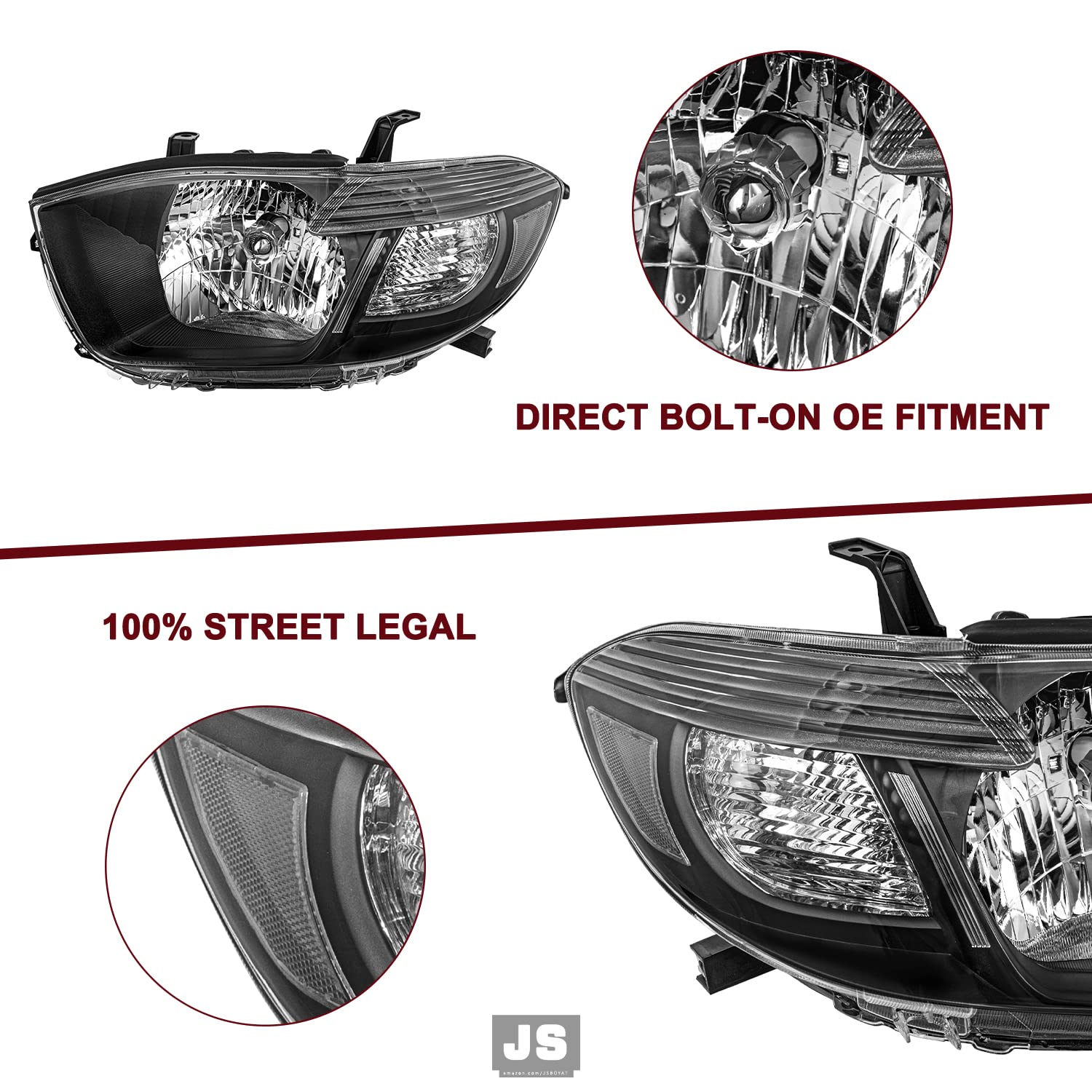 JSBOYAT Headlight Assembly Replacement for 2008-2010 Toyota Highlander - Driver & Passenger Side Headlamps (Black Housing, Clear Reflector) - Perfect for Night Driving & Foggy Conditions