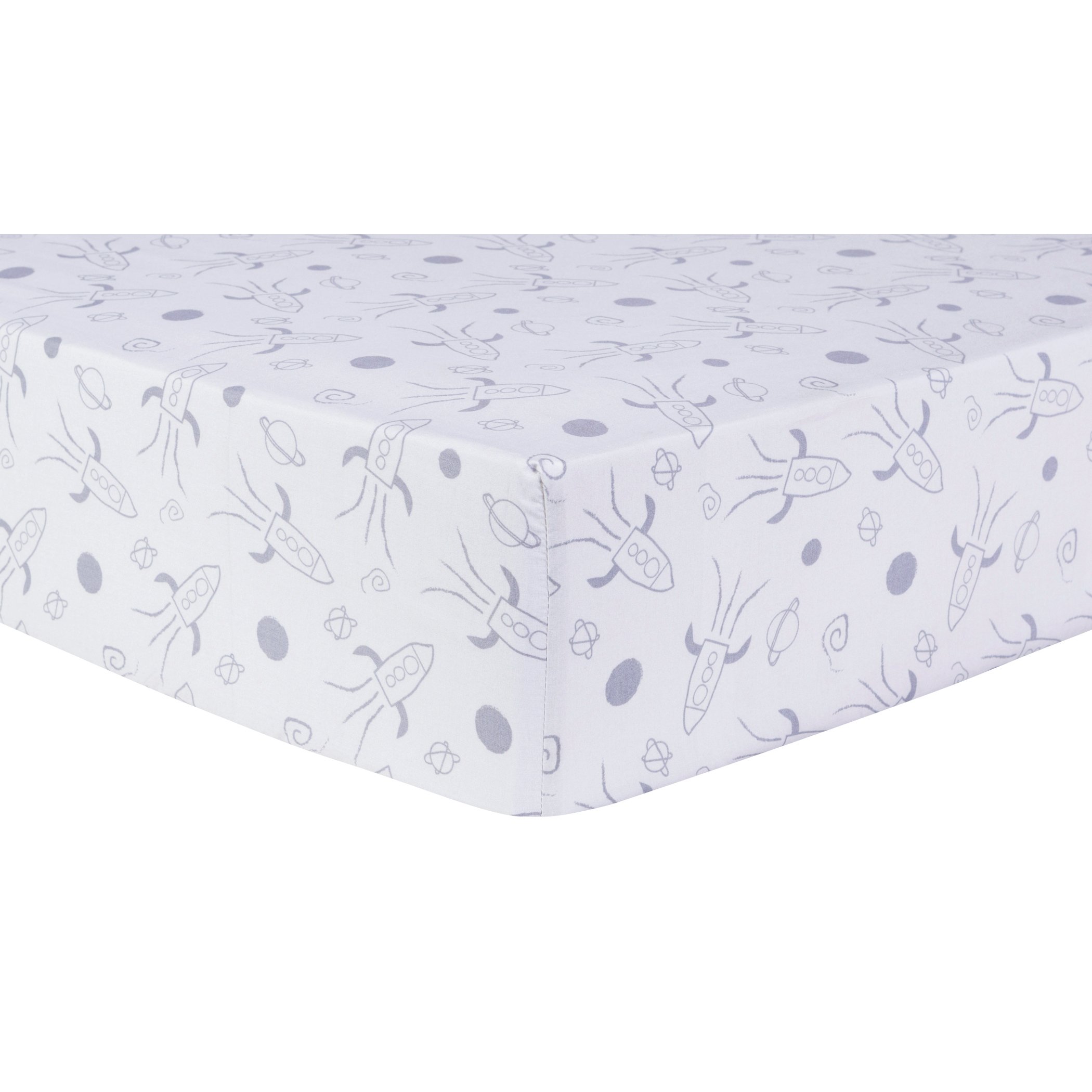 Galaxy Fitted Crib Sheet - Space Rocket Ships Scatter Print, Soft Gray Cotton, Fully Elasticized 360° Fit, 8