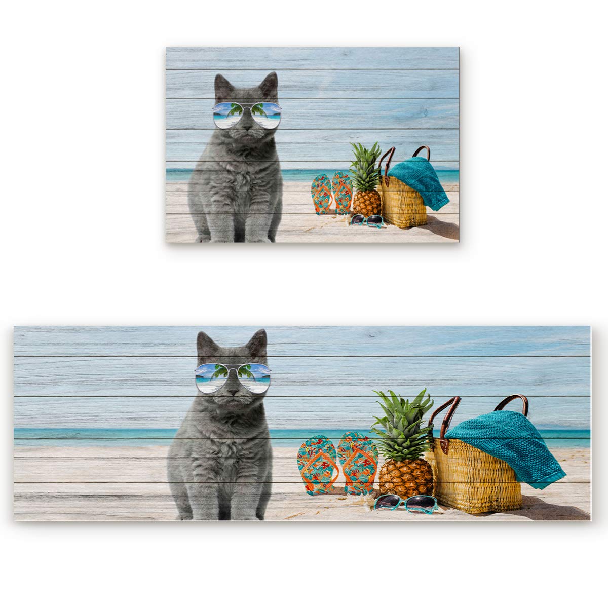 LooPoP Anti-Fatigue Beach Kitchen Mats Set - 2-Piece Non-Slip Cushioned Floor Rugs, Washable with Sea Life Cat & Pineapple Design - Perfect for Kitchen, Bathroom, Laundry Room & Outdoor Use