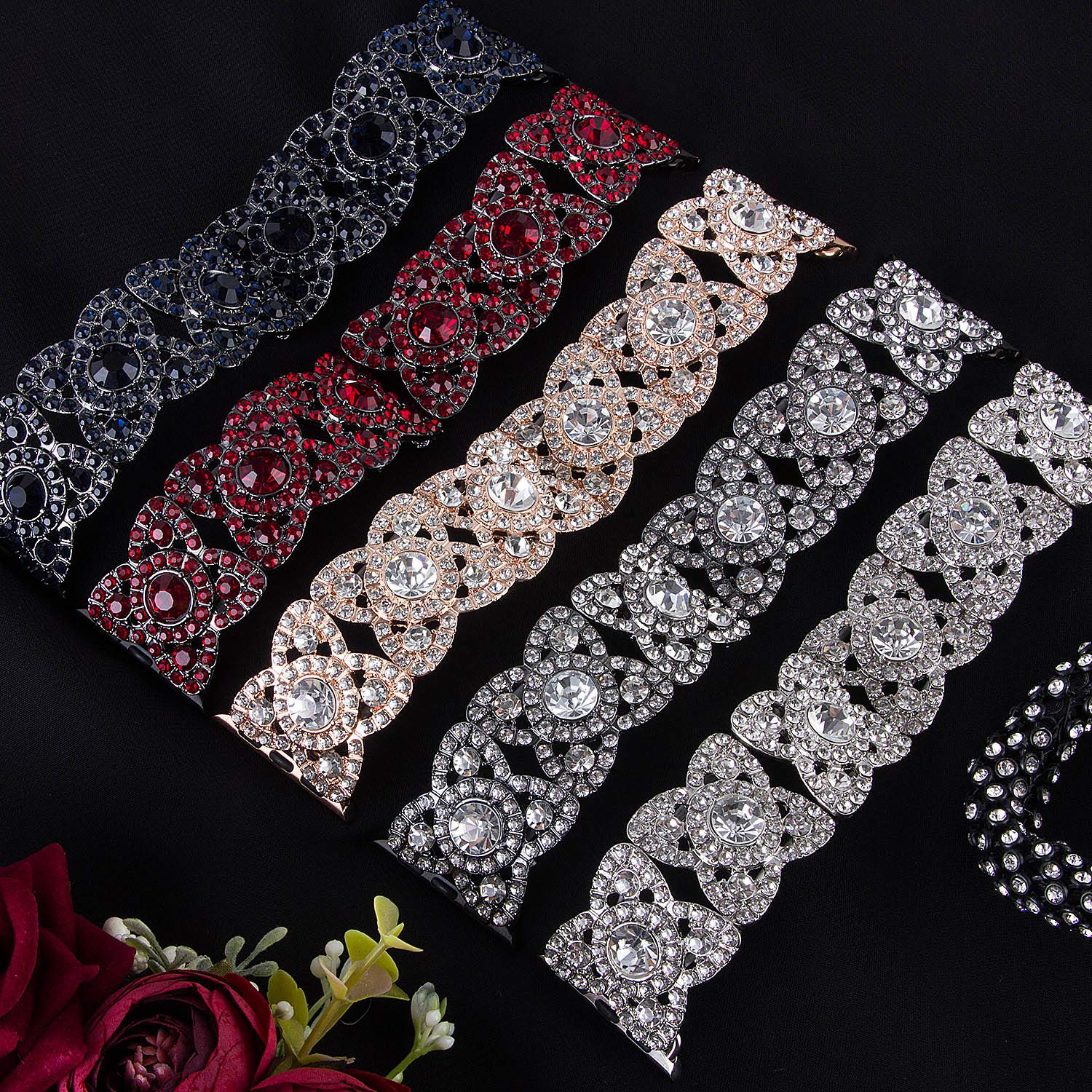 Compatible with Apple Watch Ultra Series 8/7/6/5/4/3/2/1 SE Bands - 49mm 45mm 44mm 42mm 41mm 40mm 38mm Women's Luxury Rhinestone Metal Charm Bracelet Strap - Elegant Stretchy Bling Dressy Watch Band for Work, Party & Everyday Wear