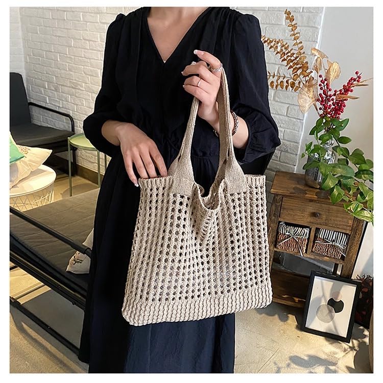 Stylish Large Knit Beach Tote Bag for Women - Aesthetic Crochet Handbag for Travel, Vacation & Summer Outings - Perfect for Beach Trips, Shopping & Casual Day Use