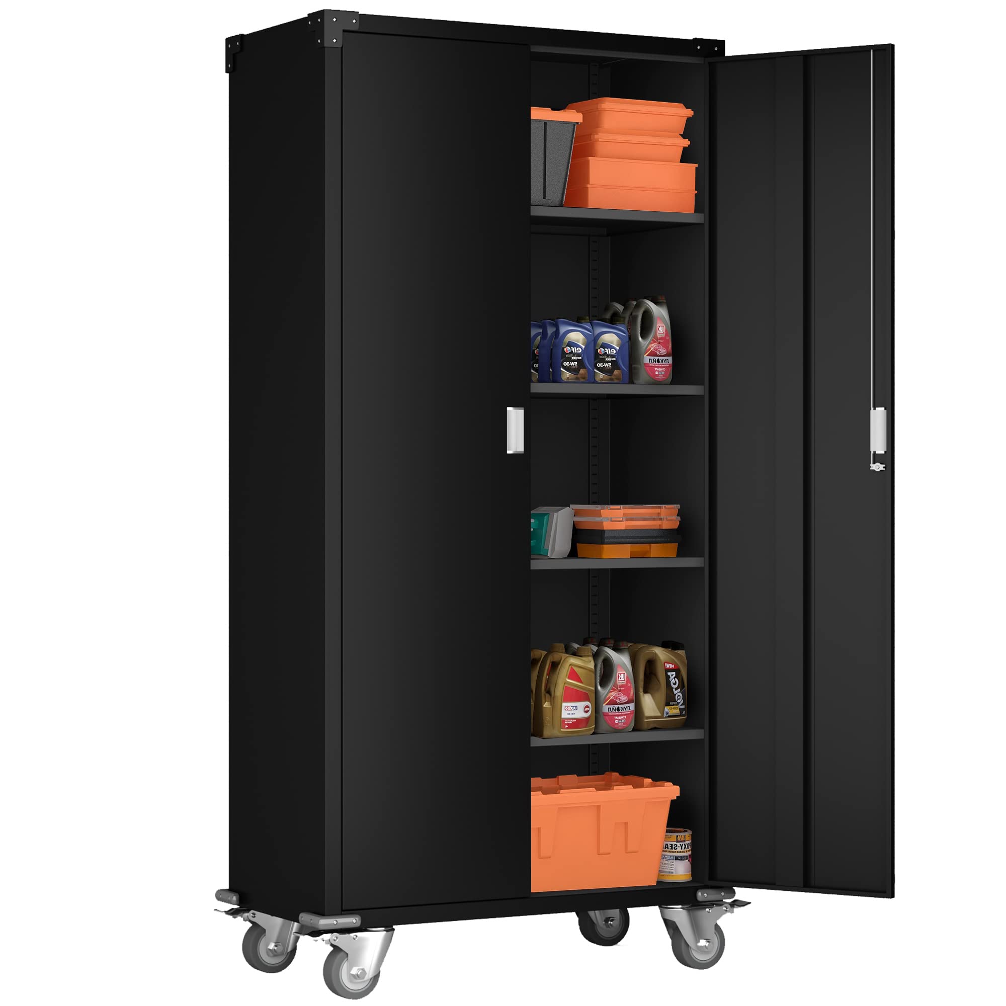 Aobabo 72-Inch Heavy-Duty Metal Garage Cabinet with Wheels - Lockable Rolling Storage Cabinet with 4 Adjustable Shelves - Black Utility Cabinet for Garage, Office & Home Organization (Assembly Required) - Perfect for Tools, Equipment & Household Storage
