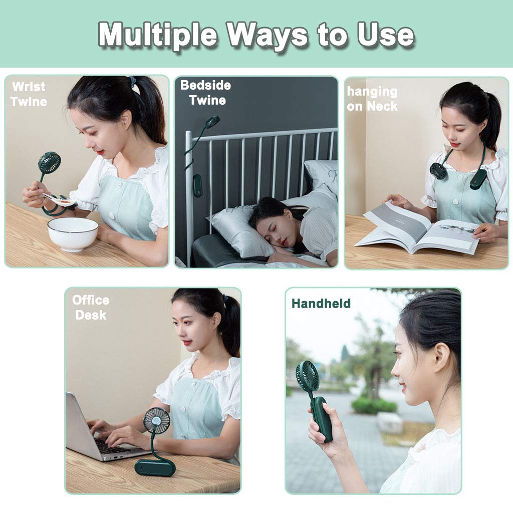 Portable USB Rechargeable Handheld Fan - 3 Speed Adjustable Mini Fan for Baby Stroller, Neck, Desk & Personal Cooling | Flexible Stand, Lightweight Design | Perfect for Outdoor, Travel, Office & Home Use (Green)