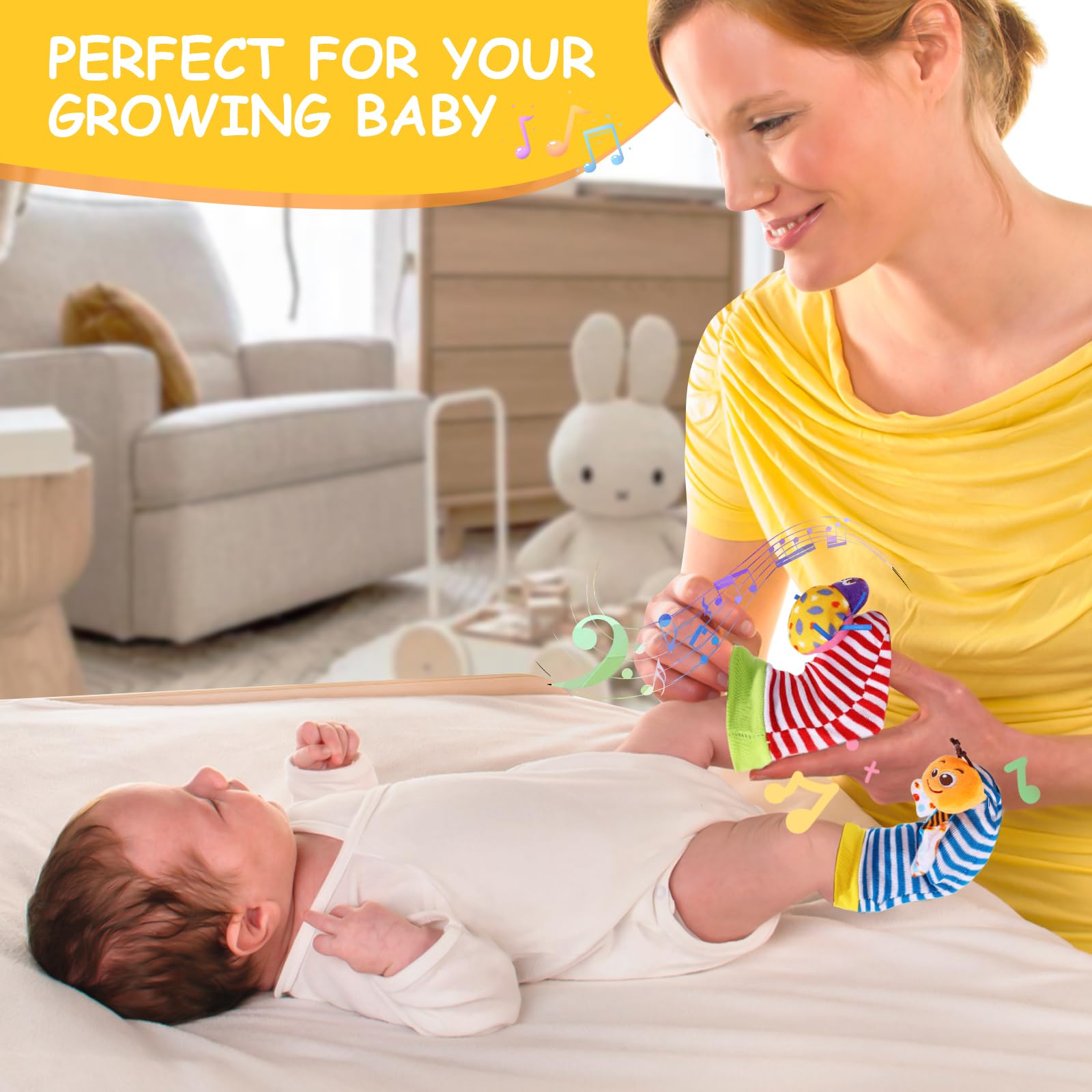 Adorable Baby Wrist Rattle Socks & Foot Finder Set - Soft Infant Toys for 0-12 Months (Unisex) - Perfect Newborn Hand & Foot Rattles for 3-9 Month Olds - Ideal Baby Shower & Easter Gift for Boys & Girls - Great for Tummy Time & Sensory Development