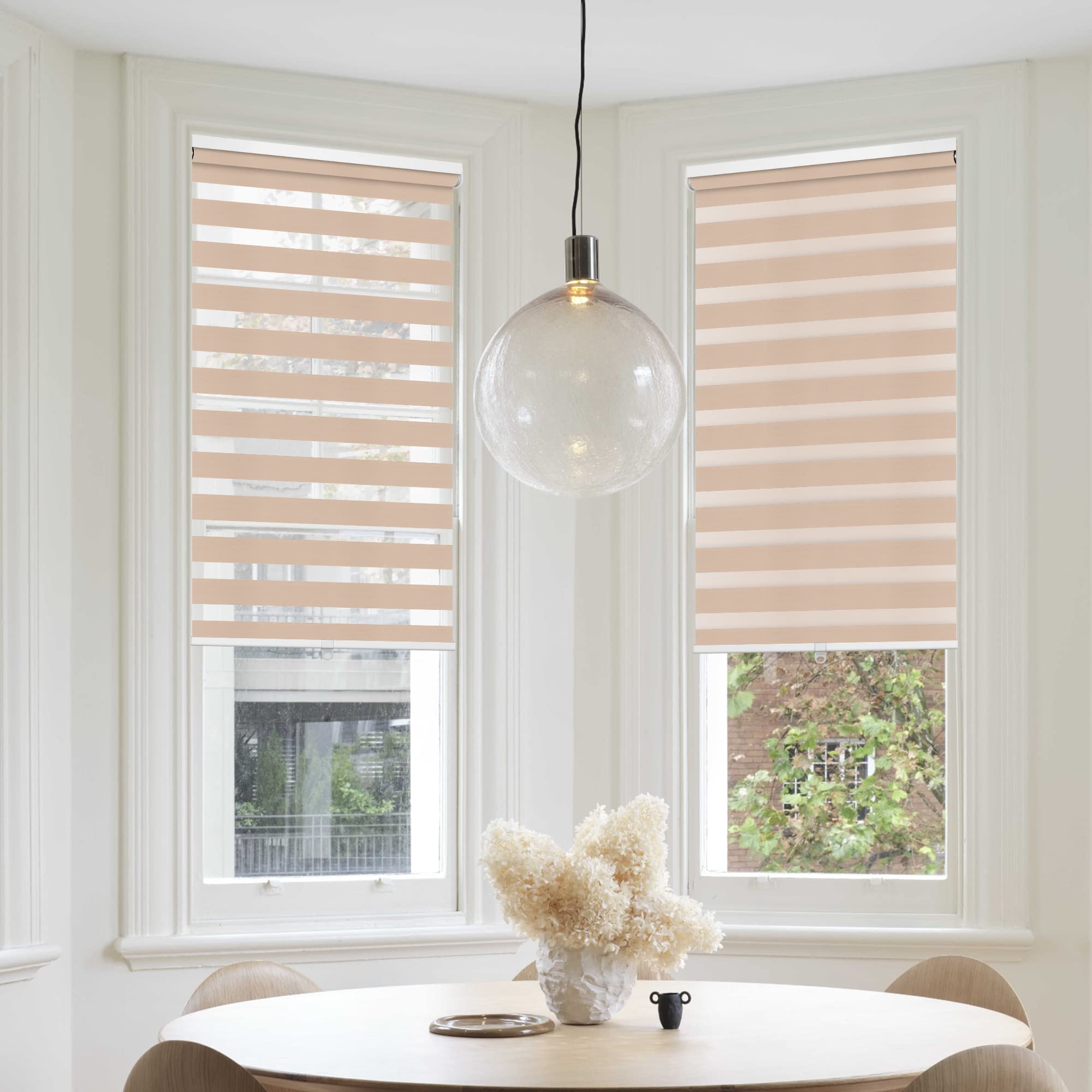 BERISSA Cordless Zebra Blinds for Windows - Custom Size Day & Night Shades, Dual Layer Light Control Horizontal Roller Blinds - Easy to Install Free-Stop - Beige (22