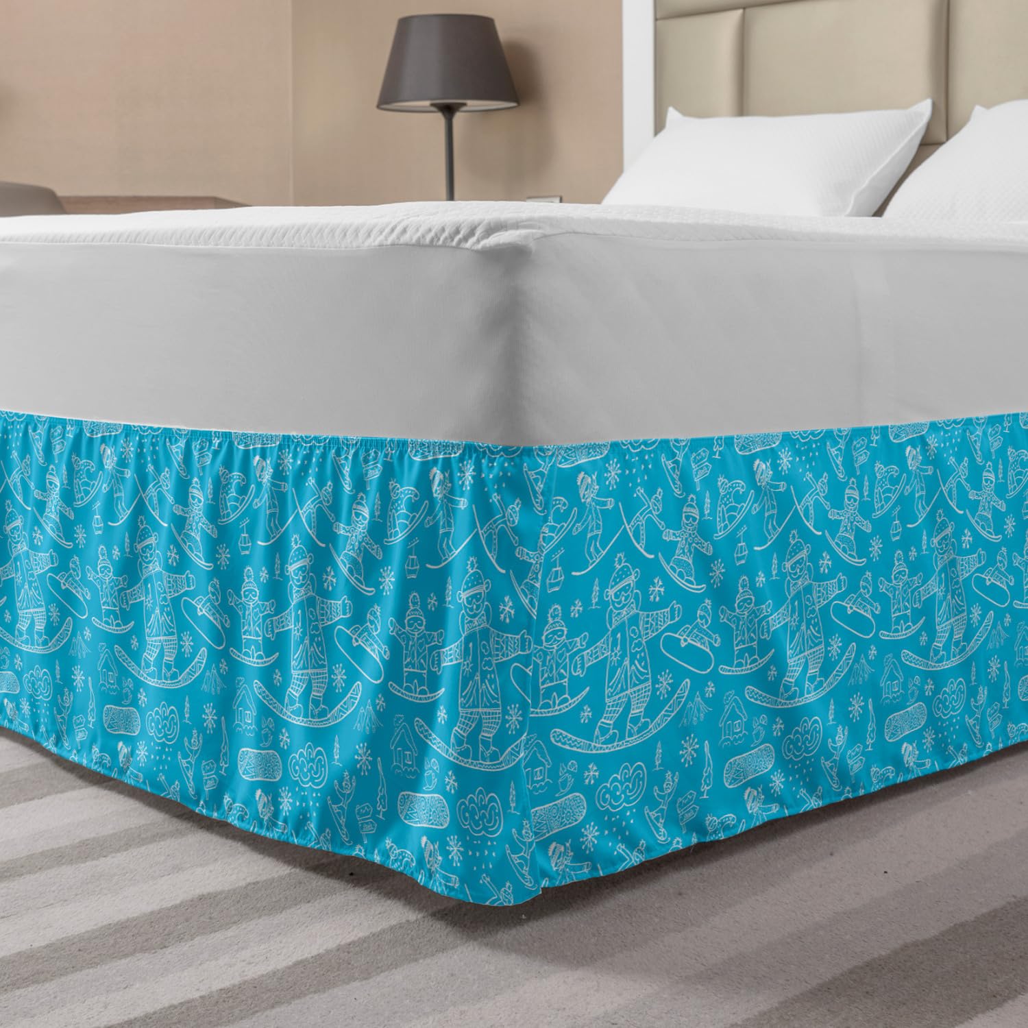 Ambesonne Ski Pattern Bed Skirt - Snowboarder & Snowflakes Design on Blue Backdrop - Elastic Wrap Around Gathered Bedroom Decor - Queen Size Sky Blue & White - Perfect for Winter Themed Bedrooms & Ski Lodge Decor