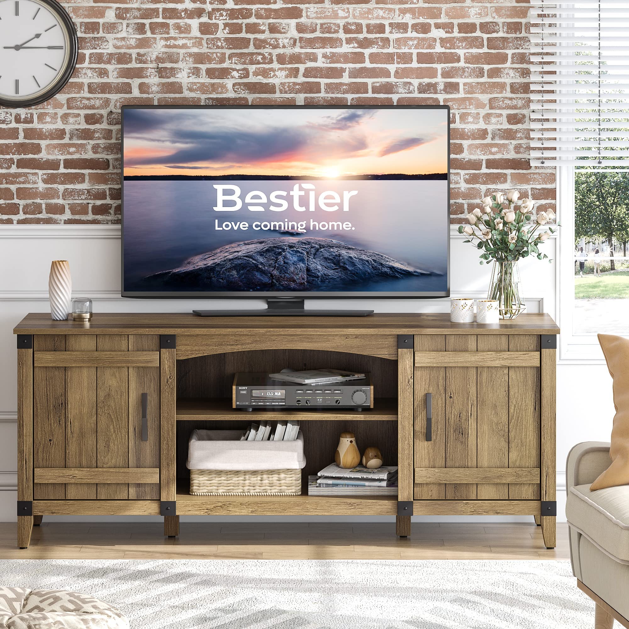 Bestier 65 Inch Farmhouse TV Stand with Barn Doors - Rustic Oak Entertainment Center for Living Room, Cord Management & Storage - Perfect for Home Theater & Family Gatherings