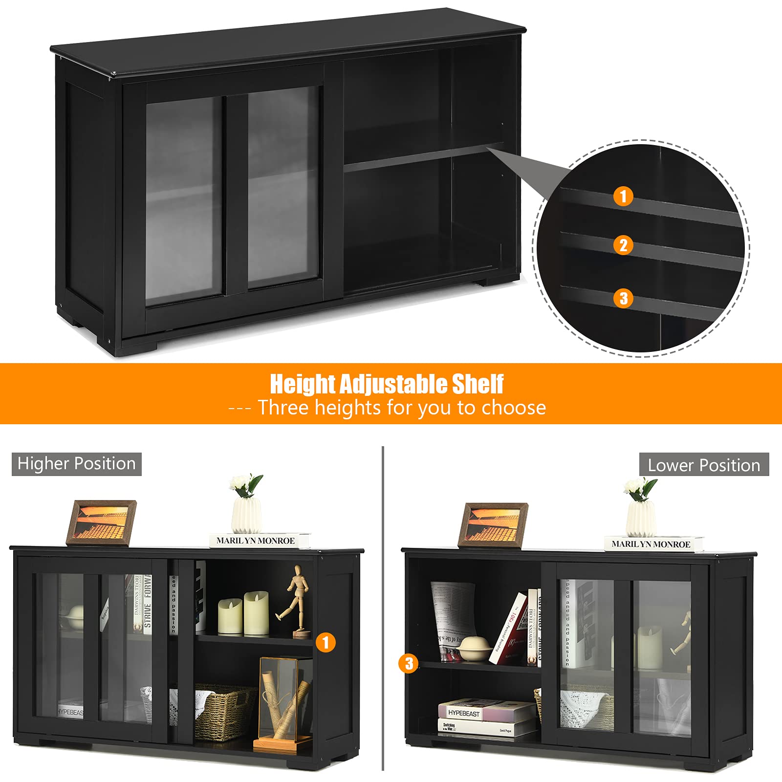 Stackable Sideboard Buffet Cabinet with Adjustable Shelves & Glass Sliding Doors - Wooden Storage Credenza for Kitchen, Dining Room, Living Room & Entryway - Perfect for Coffee Bar Setup, Home Organization & Stylish Storage (Black)