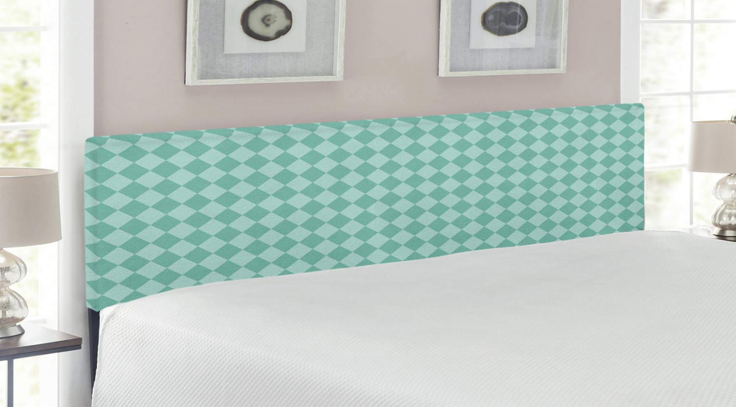 Ambesonne King Size Upholstered Metal Headboard with Memory Foam - Ocean Blue Geometric Tile Design in Turquoise & Pale Blue | Modern Bedroom Decor for Coastal, Contemporary & Boho Style Homes